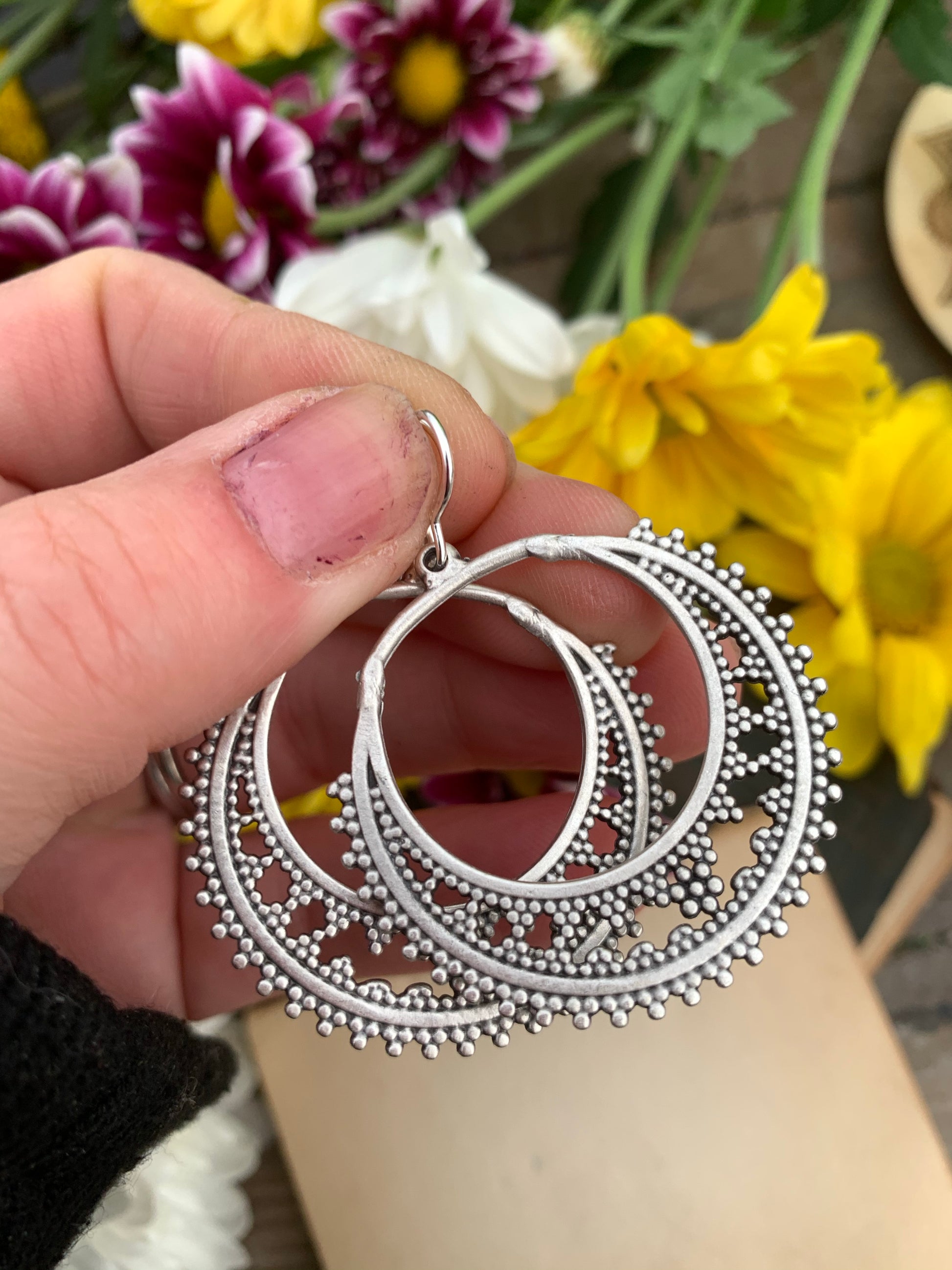 Dotted round hoop silver charms, sterling silver earrings - Andria Bieber Designs 