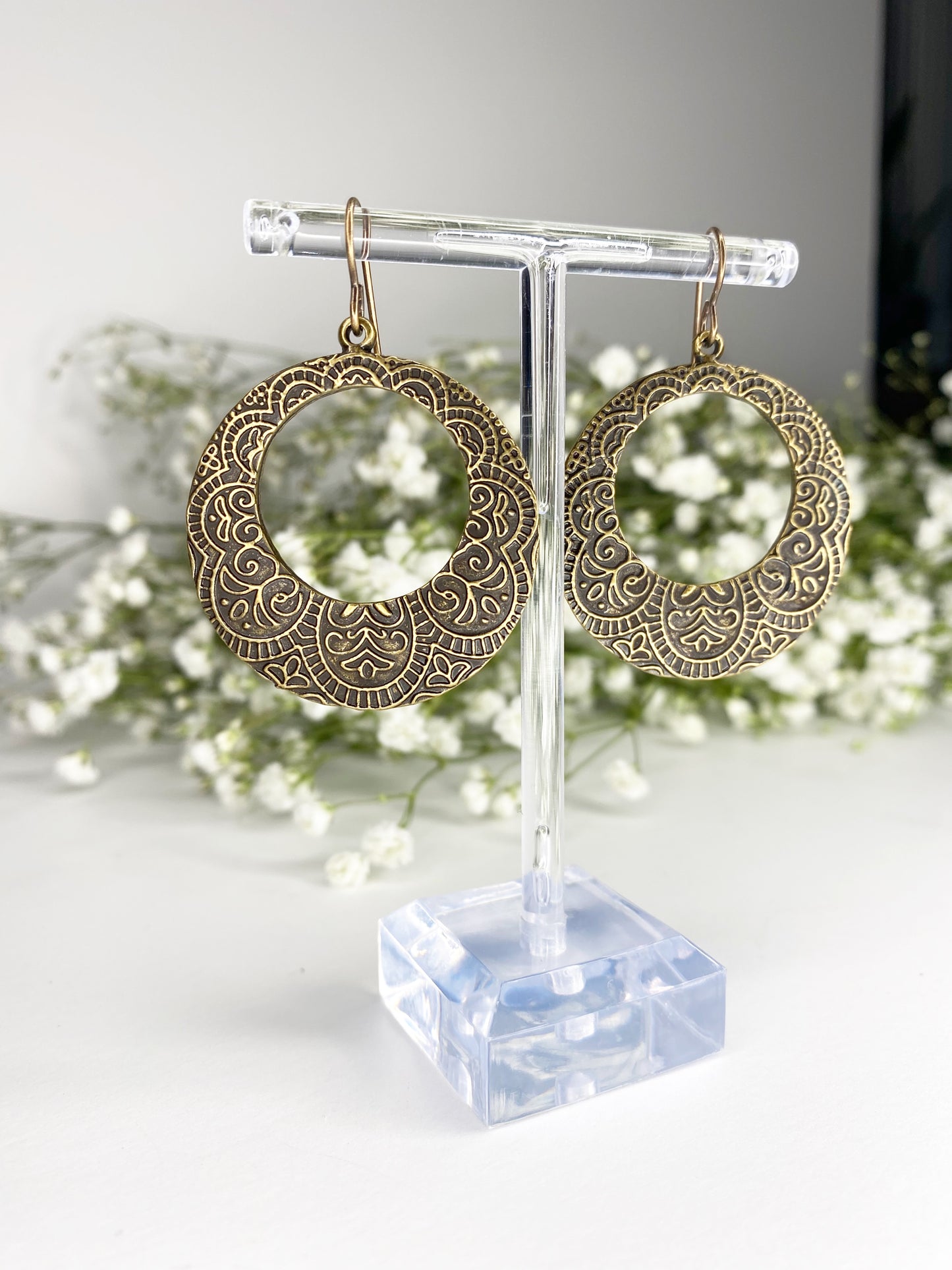 Bronze filigree hoop charm earrings, Bronze metal, jewelry - Andria Bieber Designs 