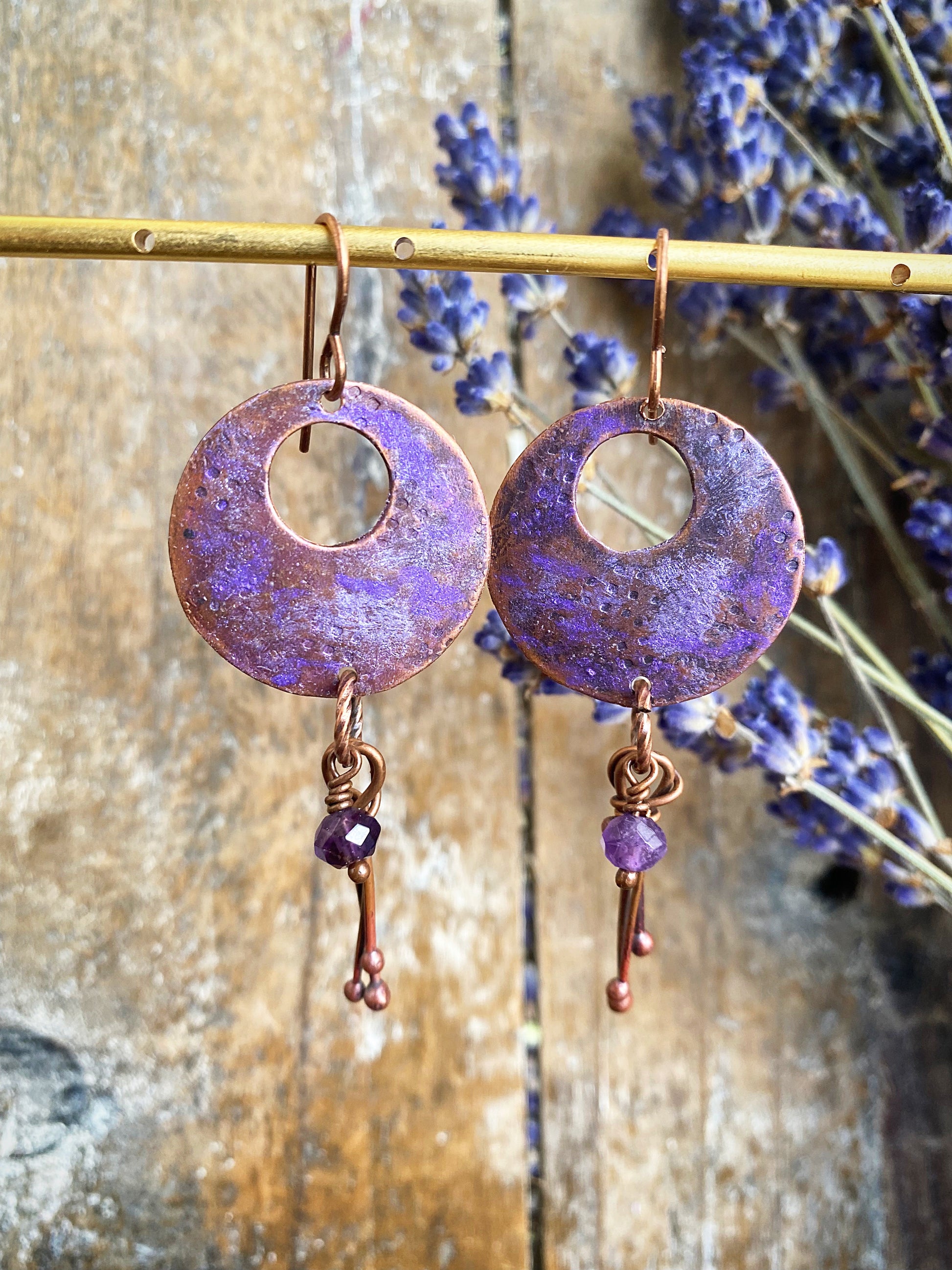 Copper purple patina charms Amethyst stone, earrings - Andria Bieber Designs 