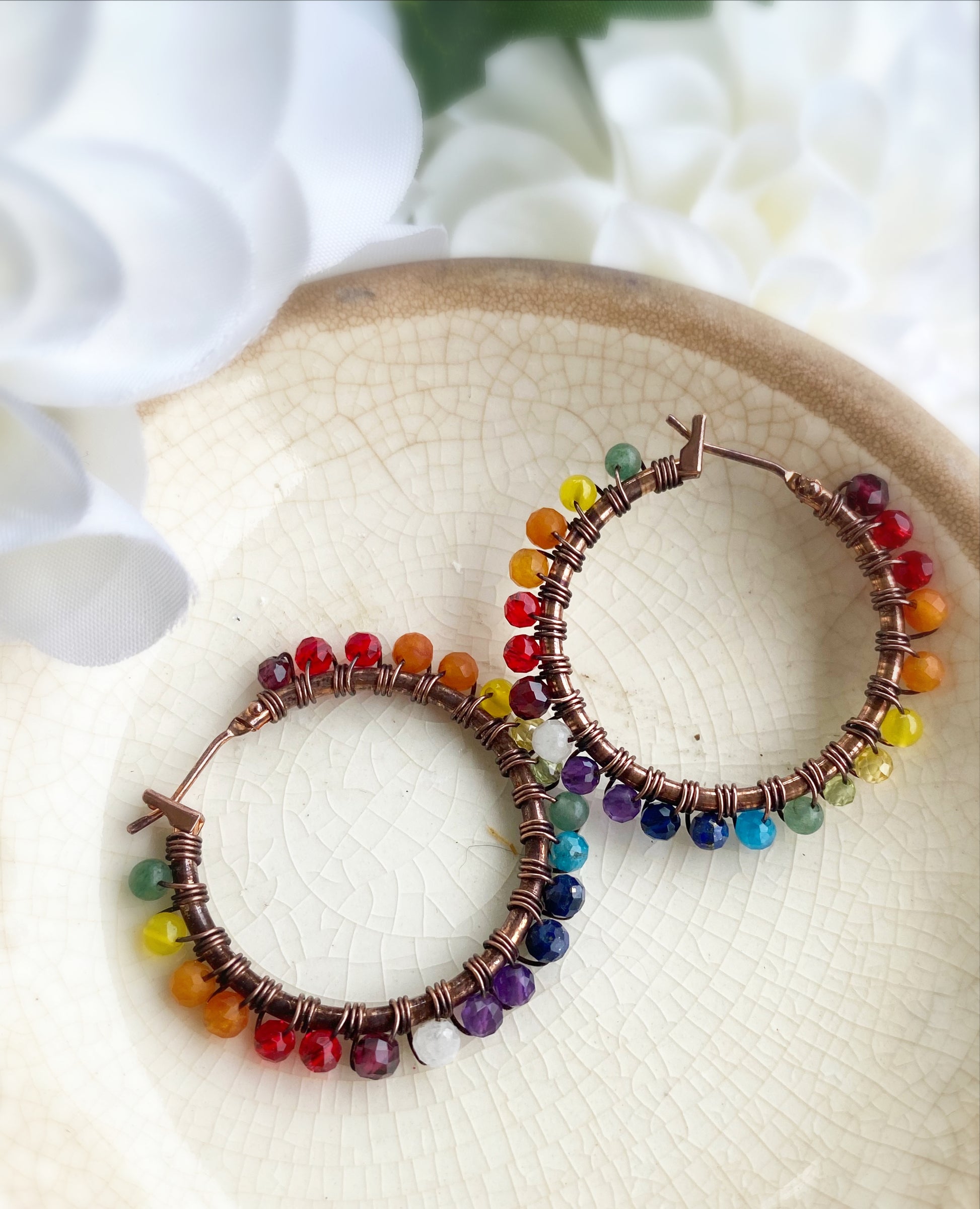 Rainbow gemstone, copper metal hoops, wire wrapped, earrings - Andria Bieber Designs 