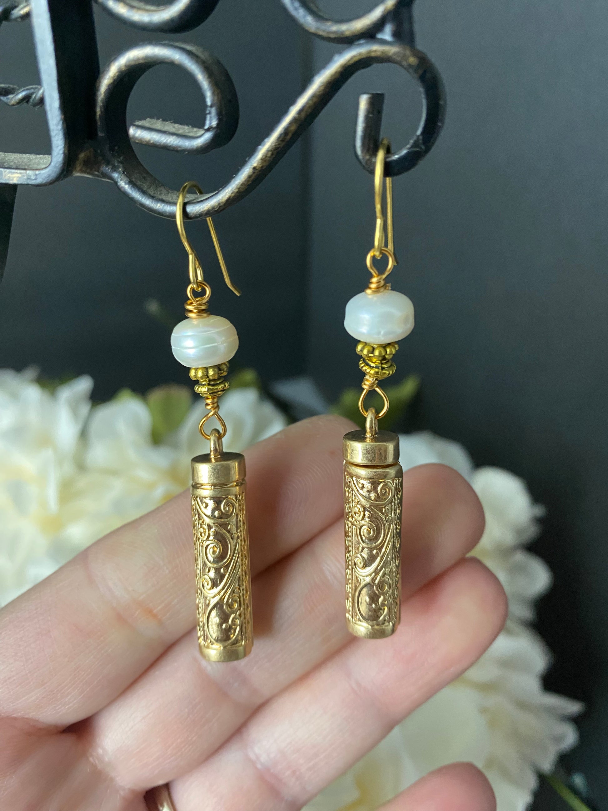 Pearls and gold drop earrings, jewelry - Andria Bieber Designs 