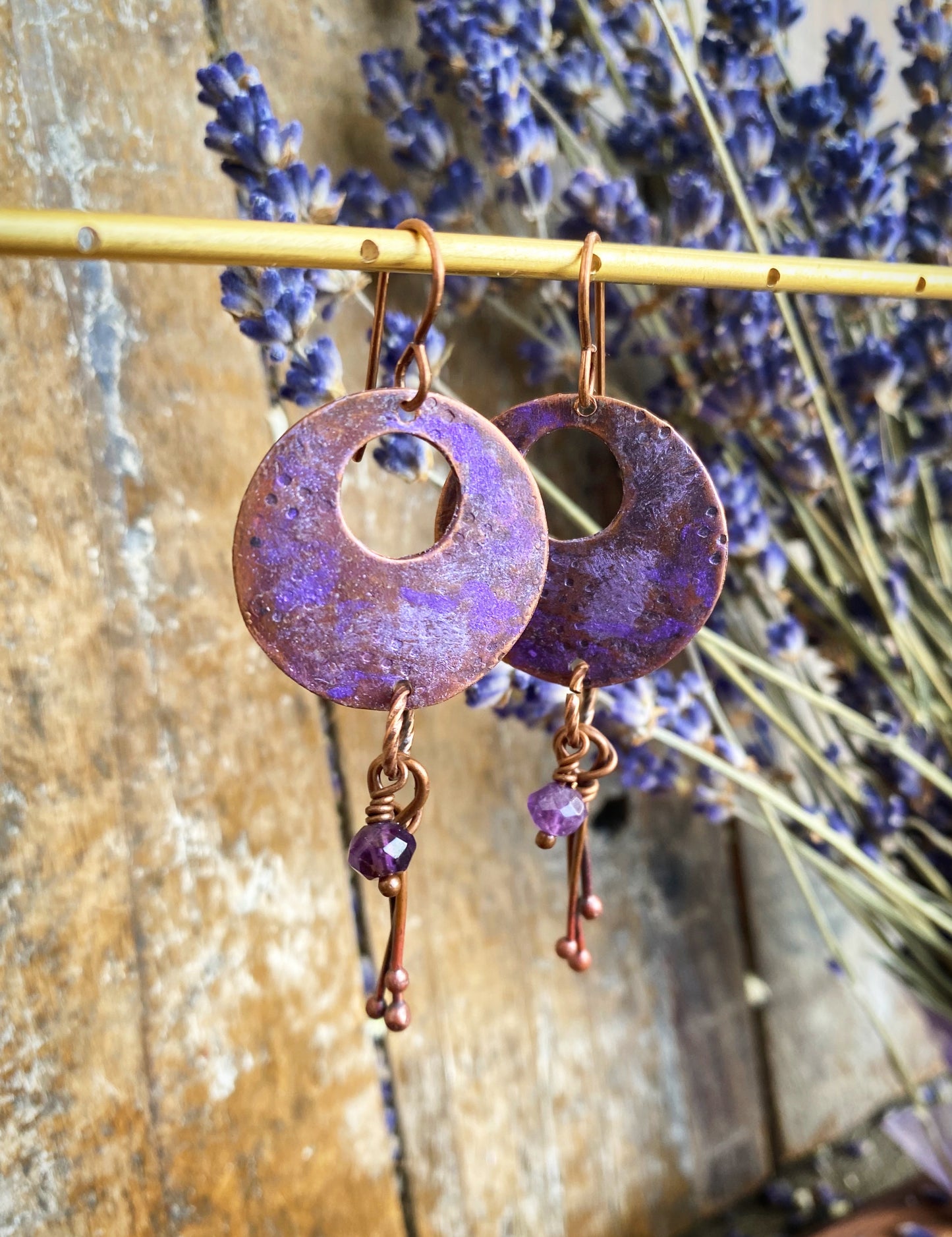 Copper purple patina charms Amethyst stone, earrings - Andria Bieber Designs 