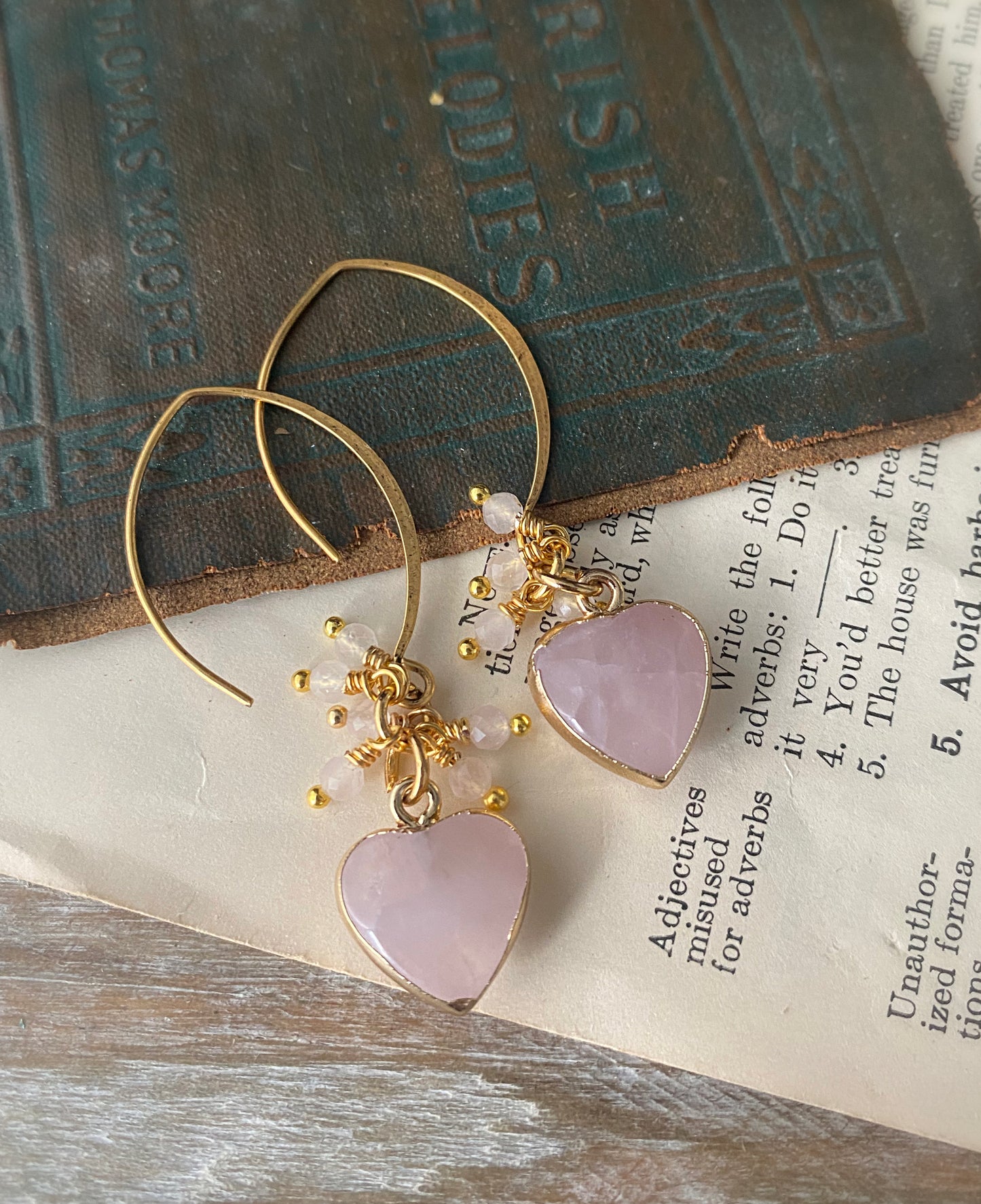 Rose quartz heart charm earrings, jewelry