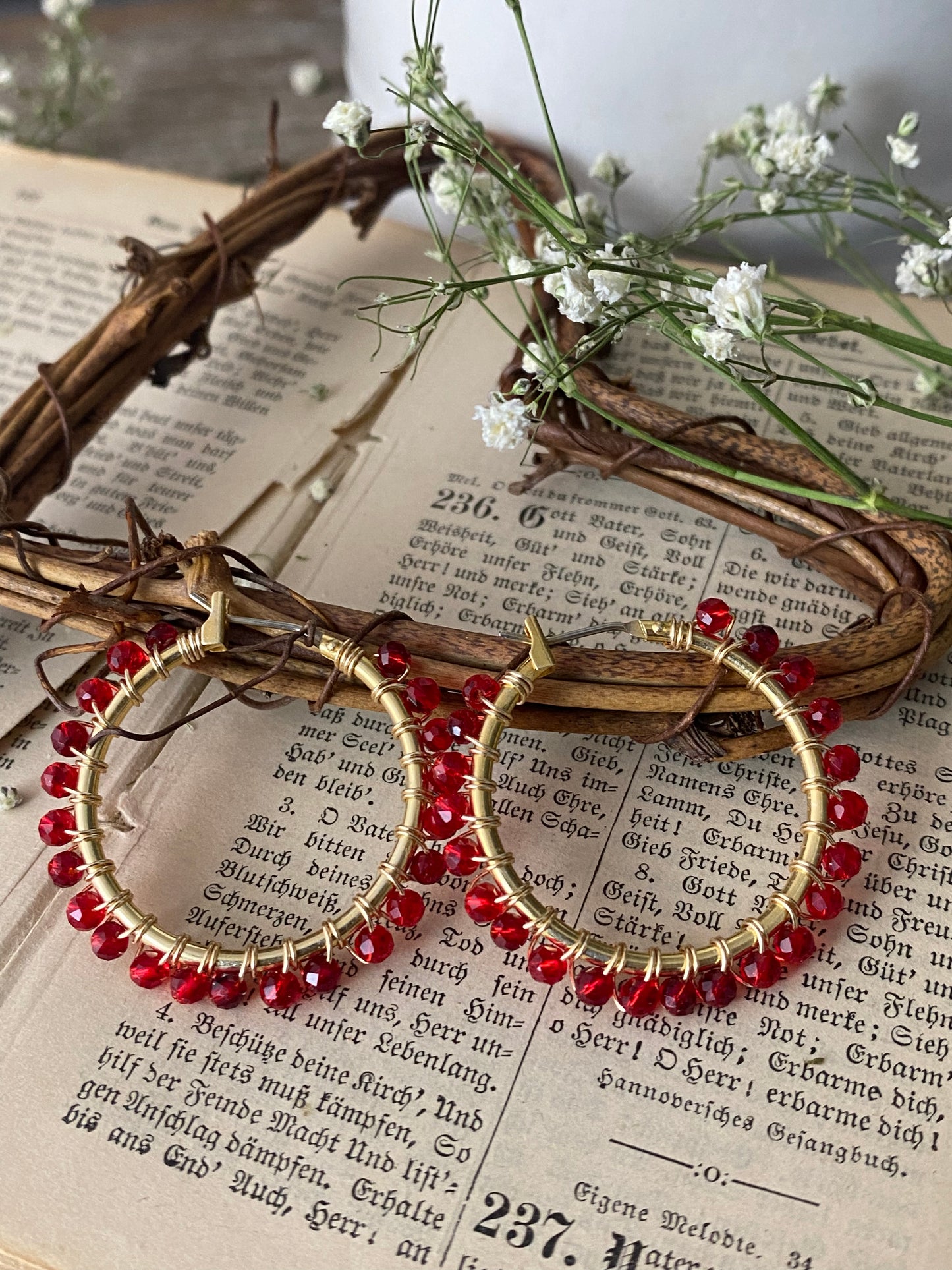 Red crystals, gold metal hoops, wire wrapped, earrings - Andria Bieber Designs 