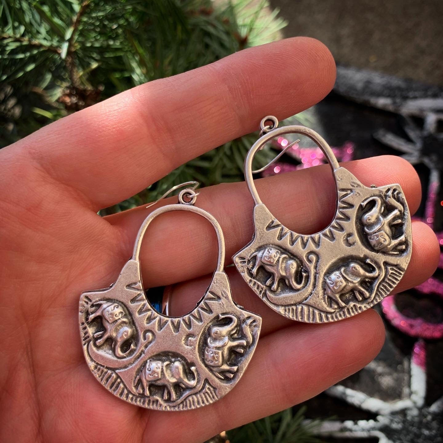Elephant silver hoops, sterling silver earrings. Handmade jewelry - Andria Bieber Designs 