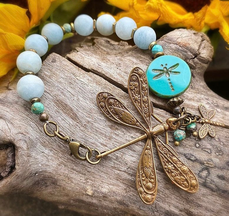 Dragonfly. Aquamarine stone, dragonfly charm, bronze metal bracelet. - Andria Bieber Designs 