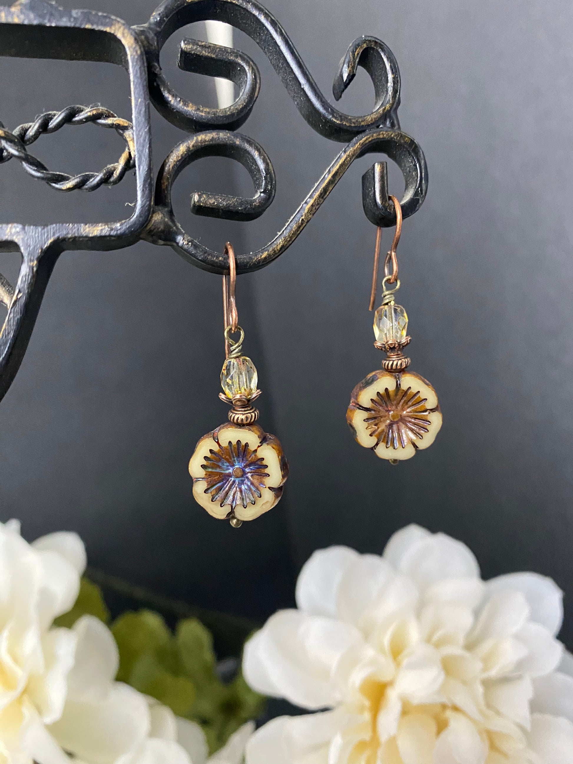 Off white Flower Czech glass, picssso glass, small earrings, and copper metal earrings. - Andria Bieber Designs 