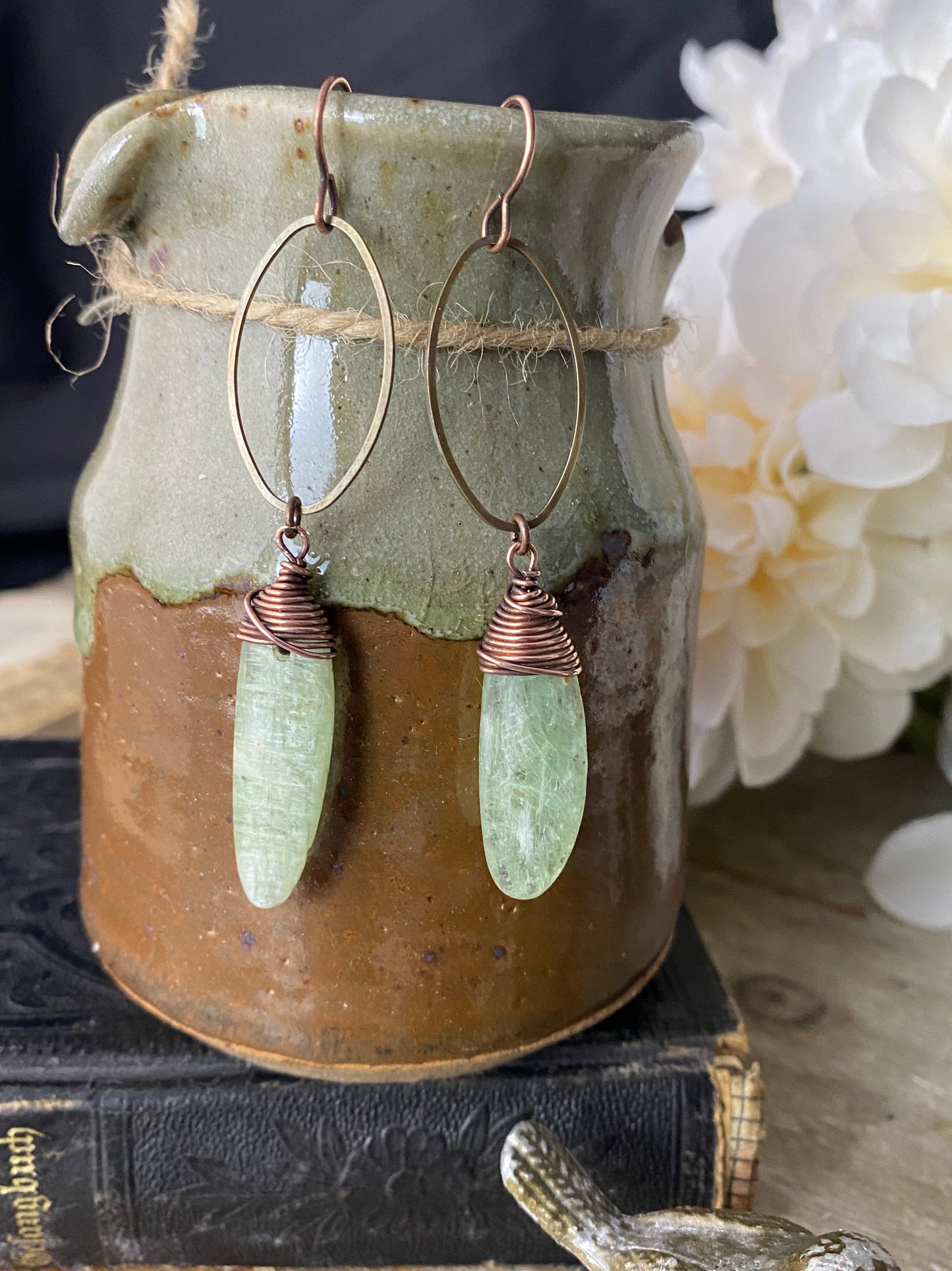 Green kyanite stone, wire wrapped copper earrings.