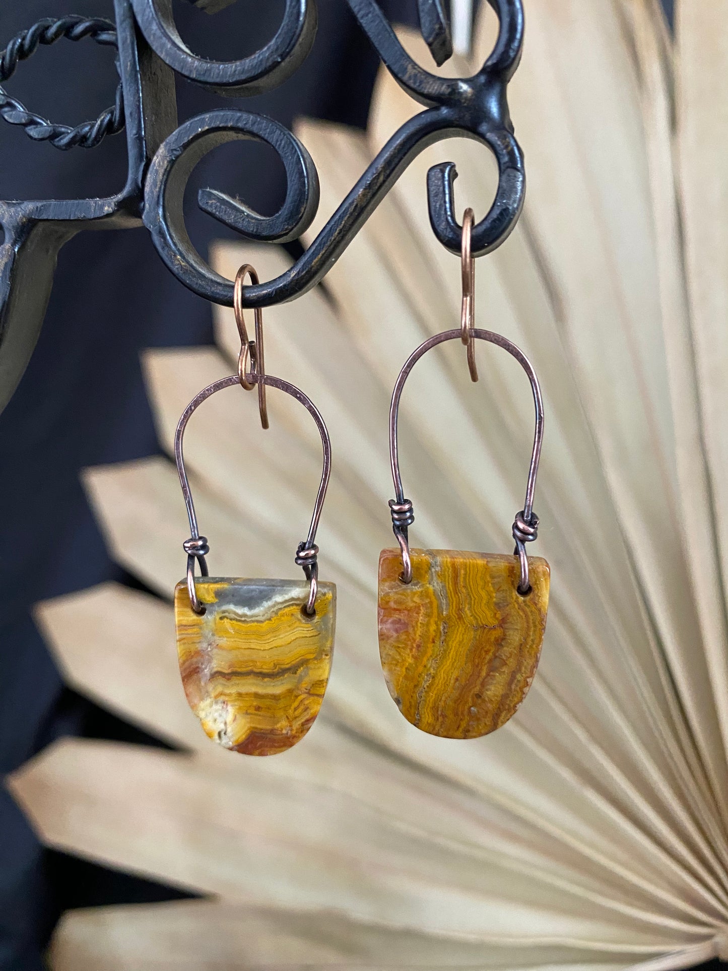 Crazy lace agate stone, copper metal wire wrapped, earrings