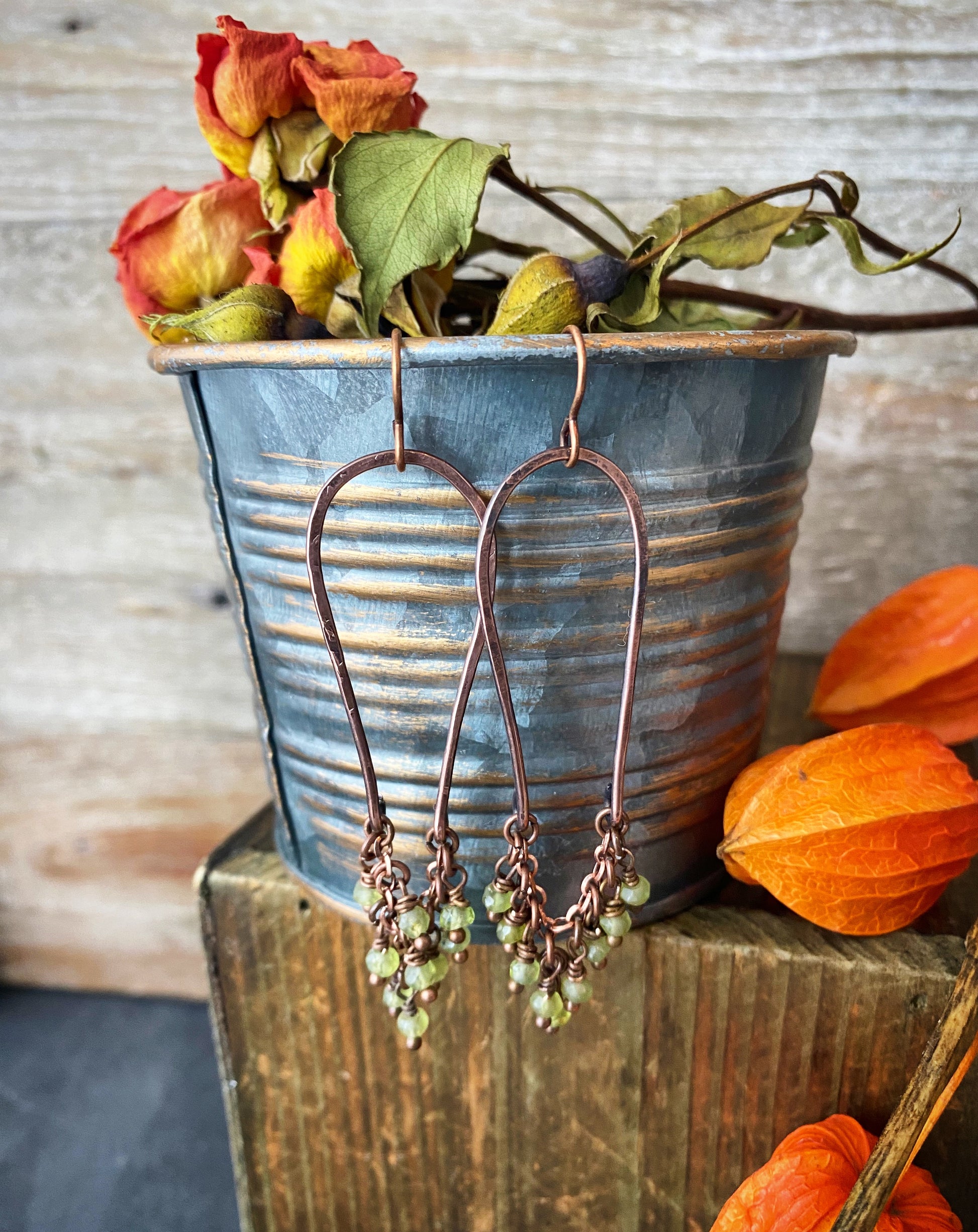 Peridot faceted stone, copper wire wrapped, earrings - Andria Bieber Designs 