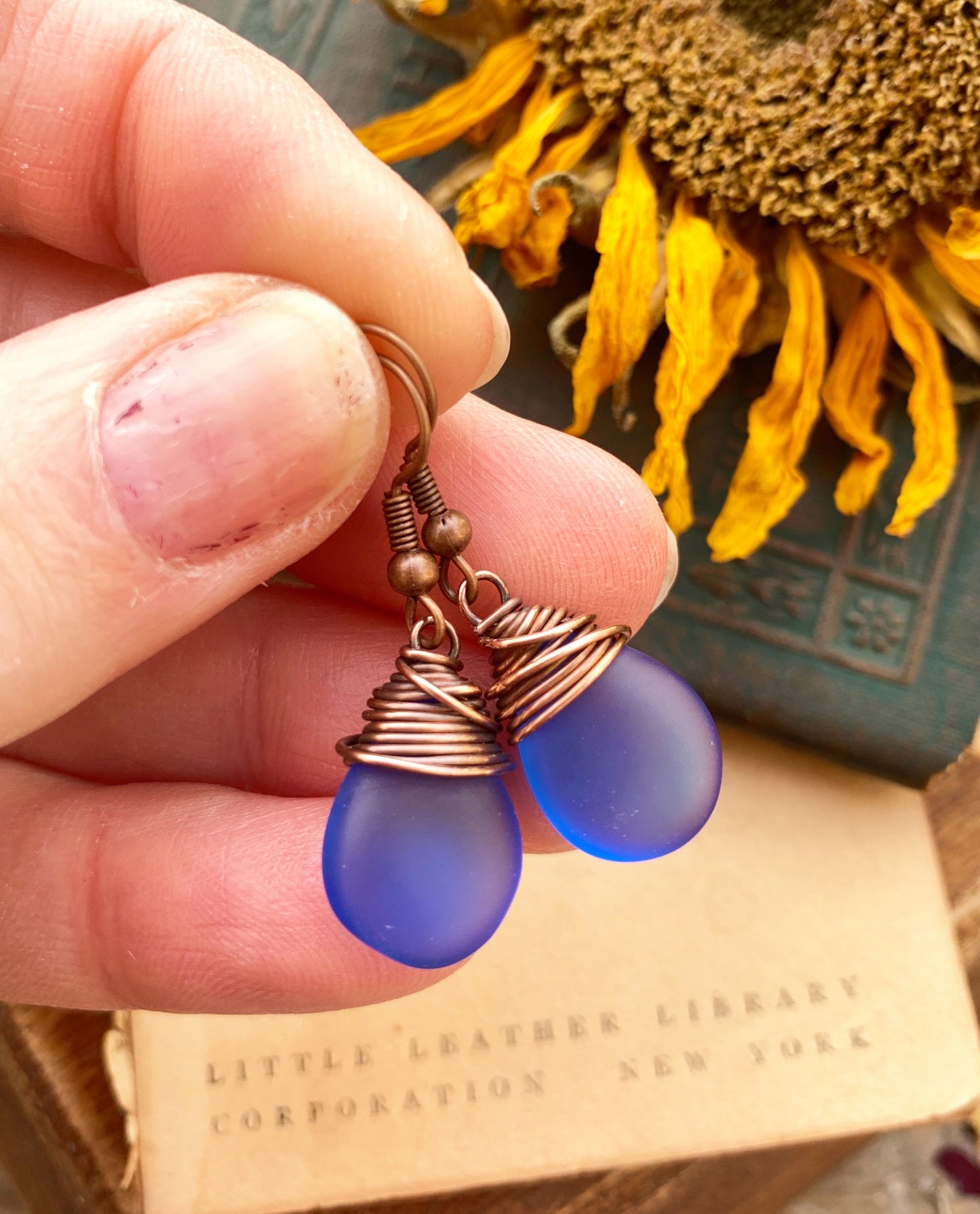 Blue frosted teardrop Czech glass and copper wire wrapped earrings. - Andria Bieber Designs 