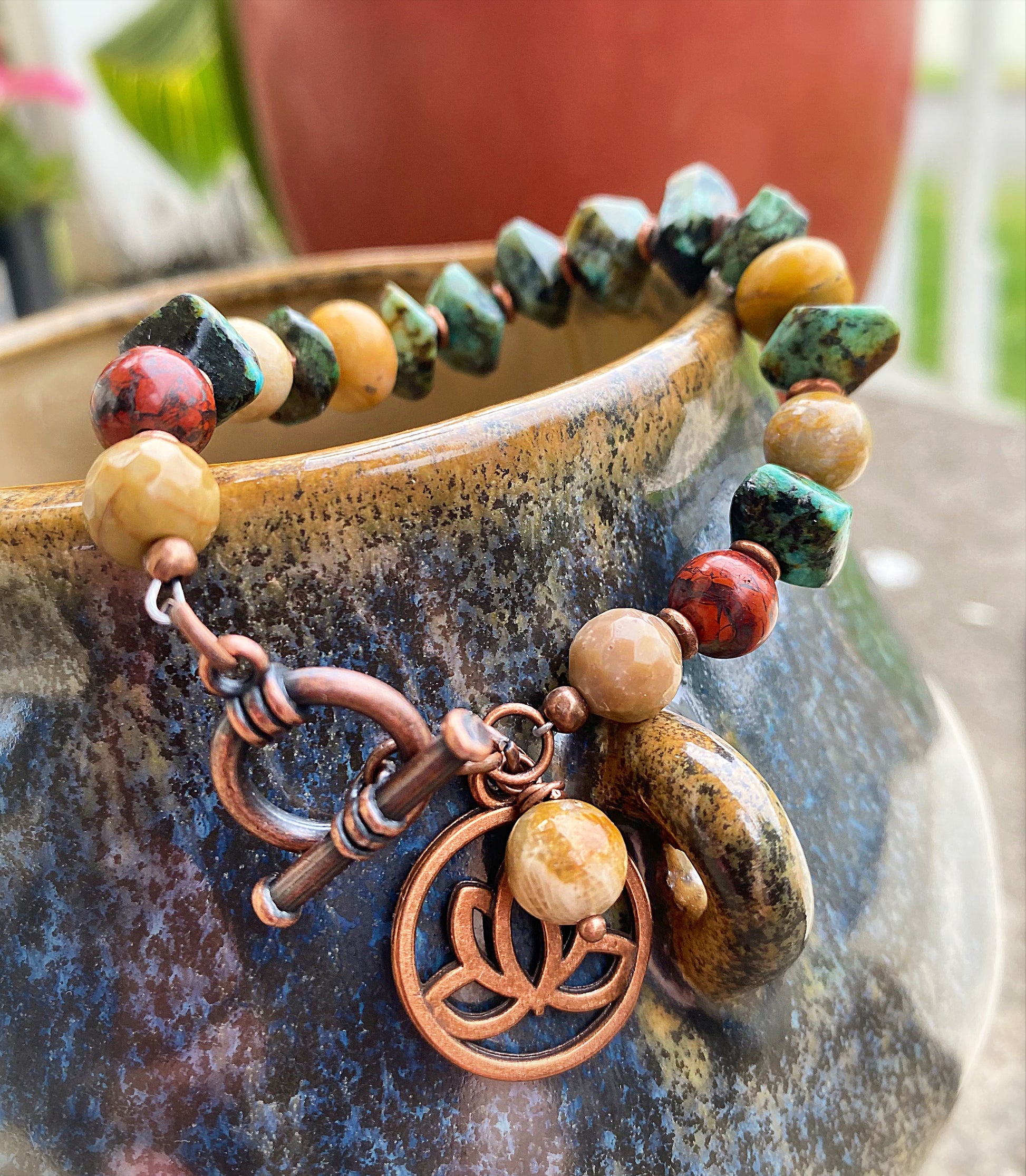 Because turquoise. Green turquoise, Jasper, copper metal bracelet. - Andria Bieber Designs 