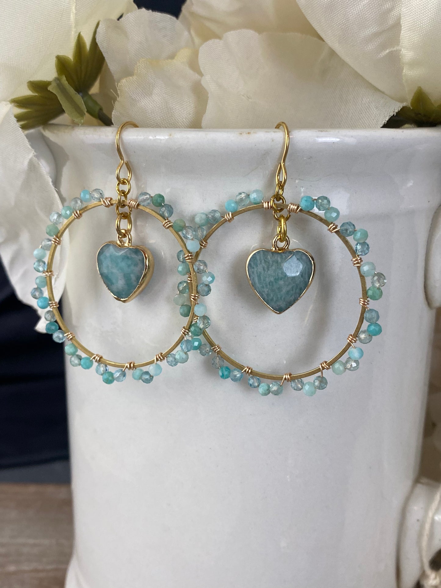 Amazonite, aquamarine stone gold hoops, earrings, jewelry