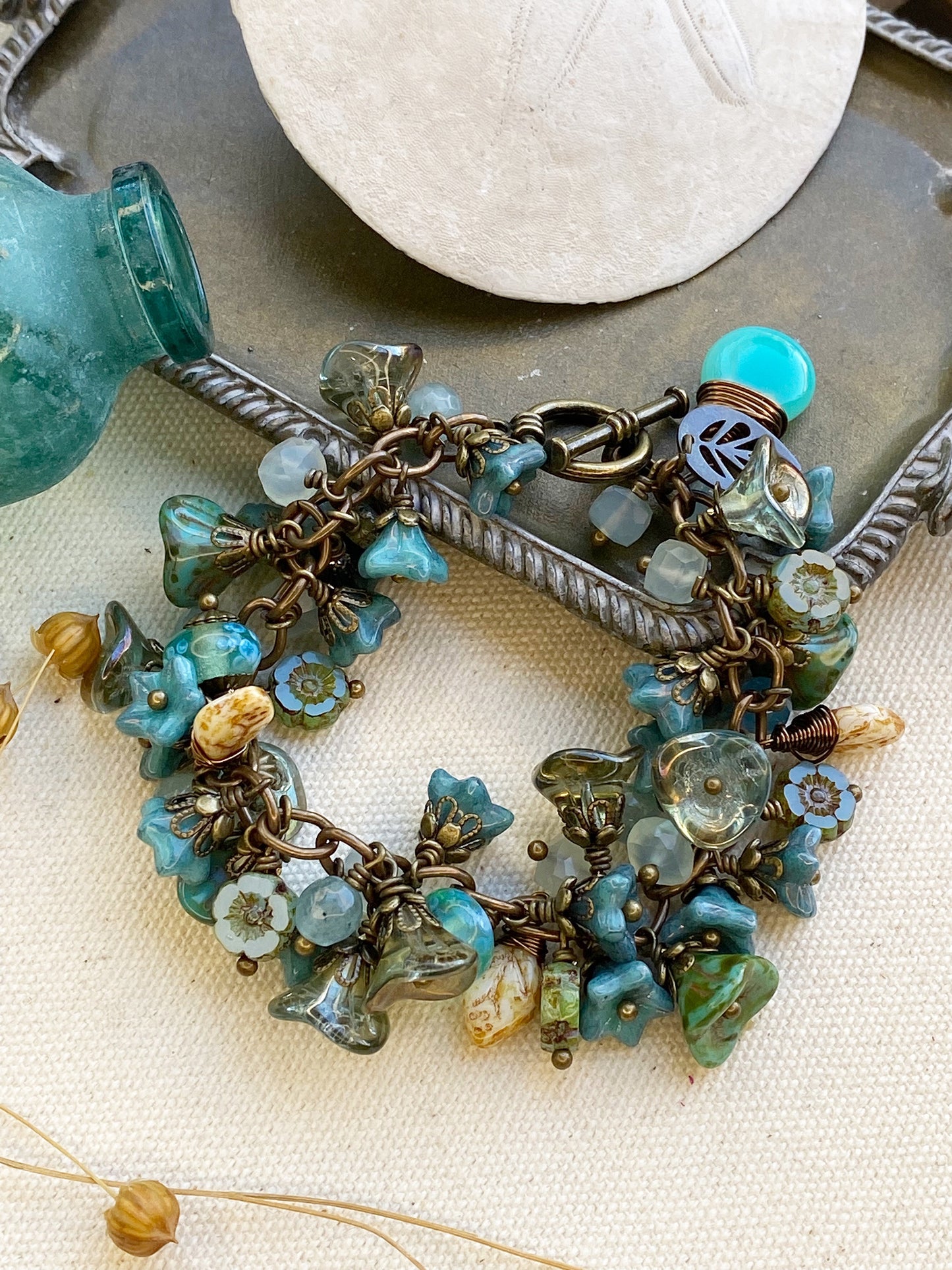 MTO. Teal petals. Mixed gemstone, Czech glass, bronze metal bracelet. - Andria Bieber Designs 