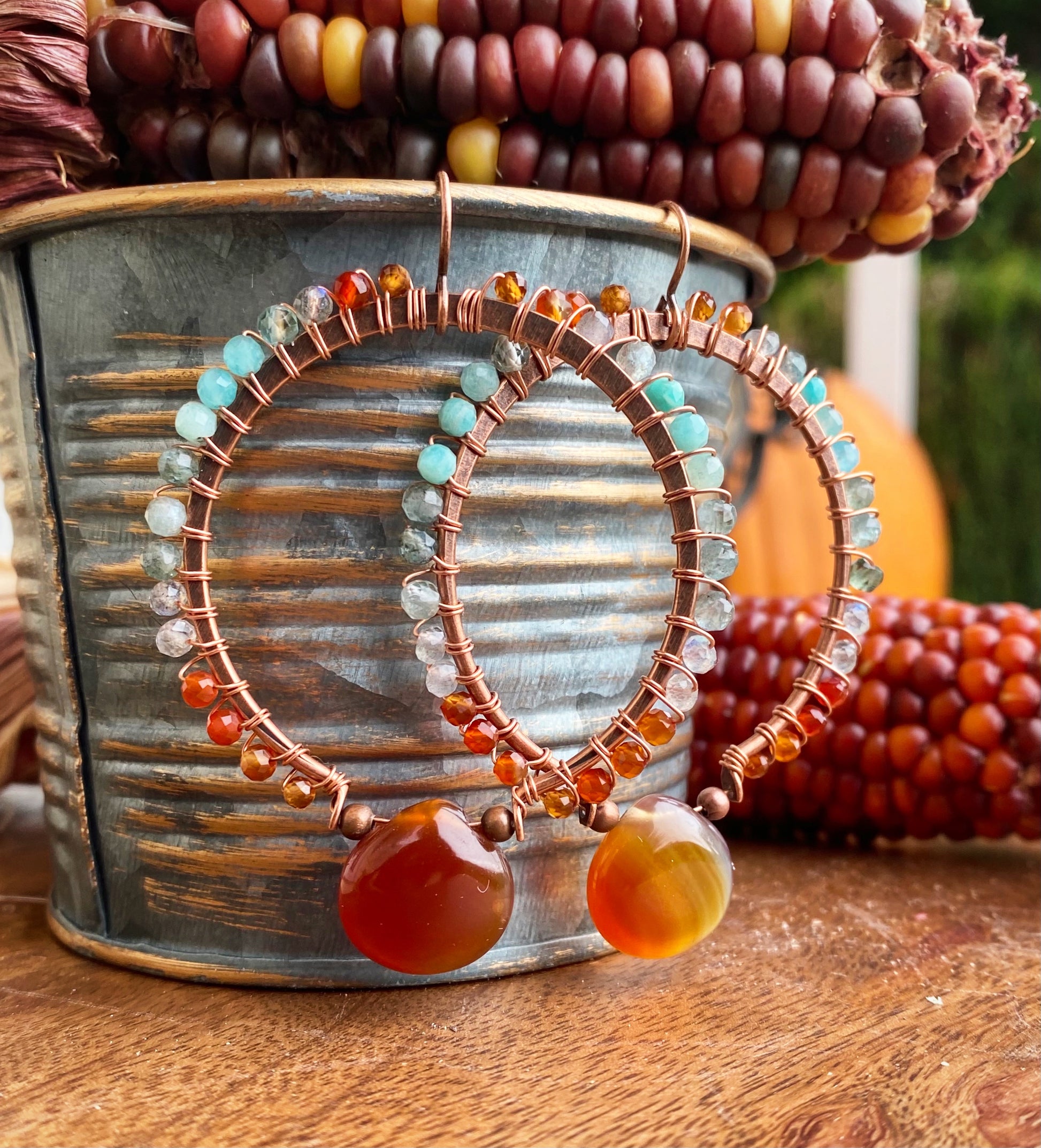 Turquoise blues and Carnelian agate stone, copper hoop metal, wire wrapped, earrings - Andria Bieber Designs 