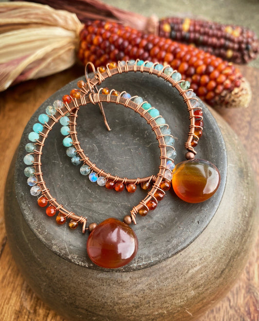 Bead kit. Copper earrings, wire wrapped hoops, mixed stone and carnelian agate drops. Belle Magazine 2022.