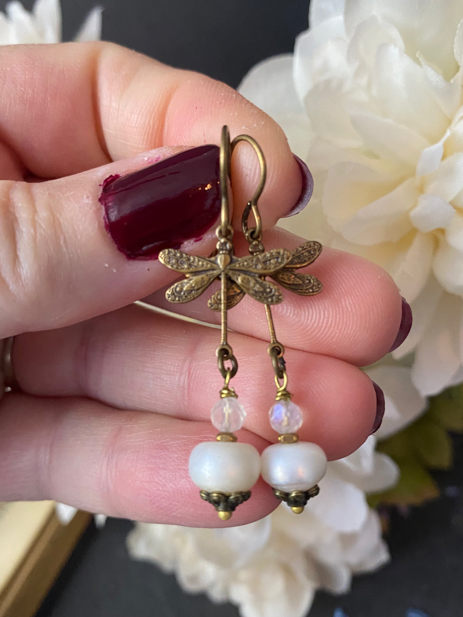 Dragonfly bronze metal charms, moonstone and pearls, earrings. - Andria Bieber Designs 
