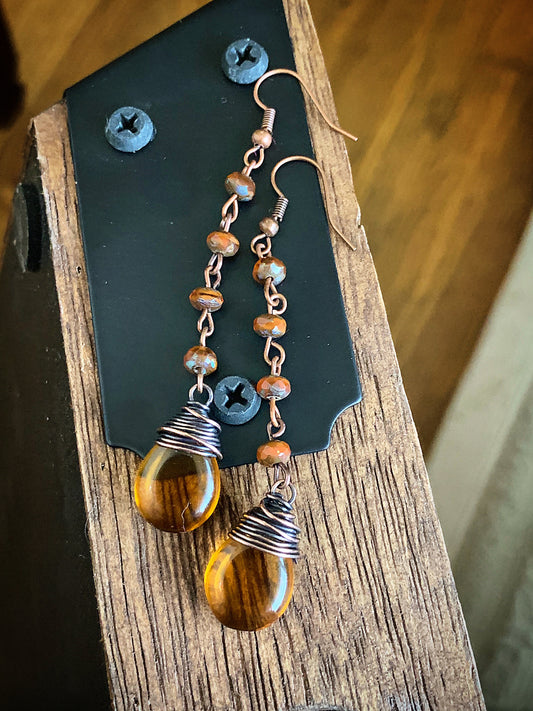 Amber  and orange Czech glass and copper wire wrapped earrings. - Andria Bieber Designs 