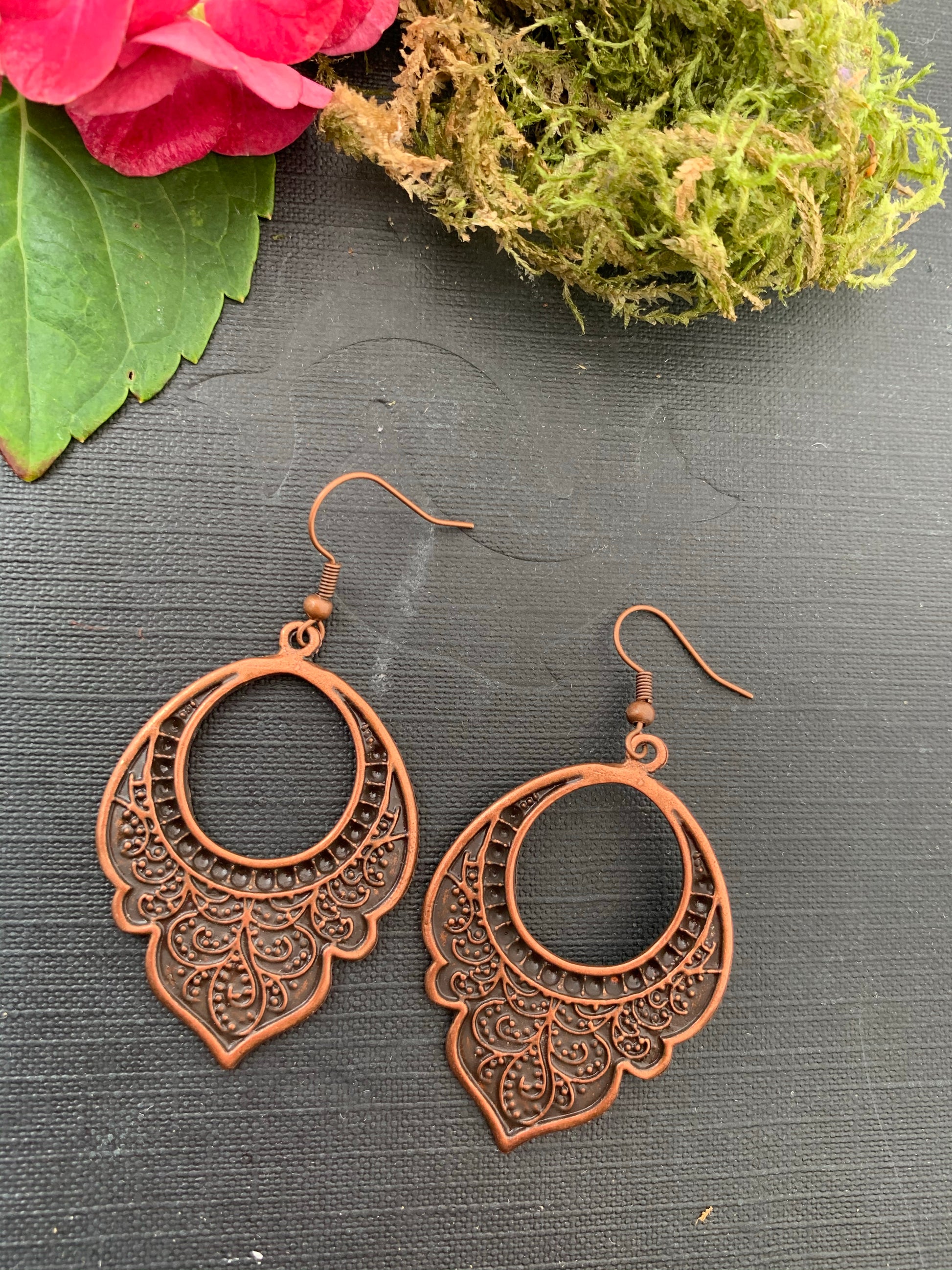 Flower Arabian drops, copper metal, earrings, jewelry. - Andria Bieber Designs 