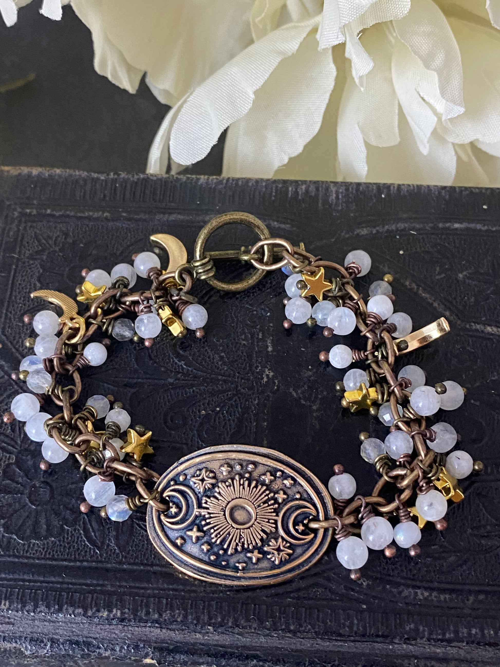 Moonstone, moons and stars. Moonstone, celestial cuff, bracelet , jewelry - Andria Bieber Designs 