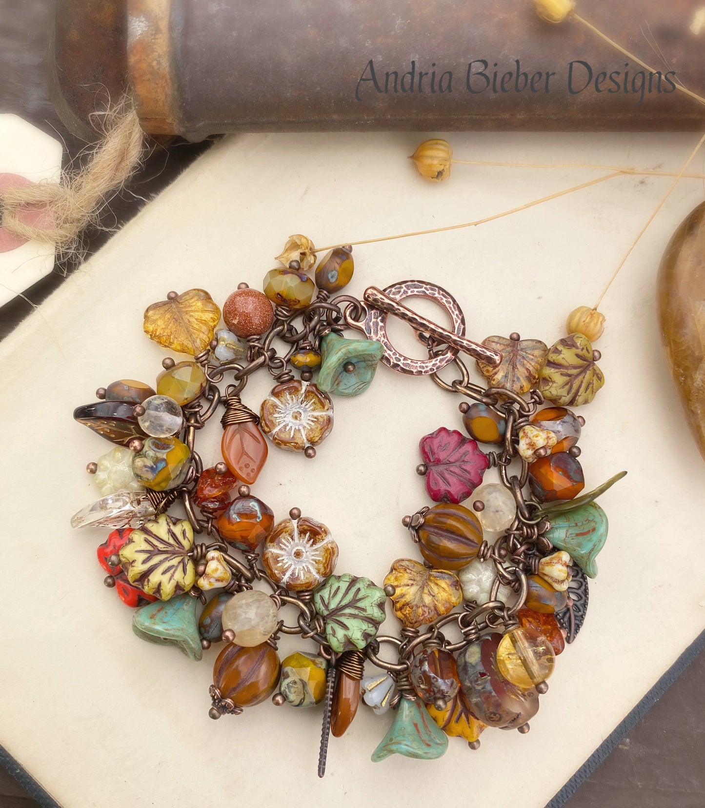 MTO- Fallen leaves. Mixed gemstone, Czech glass, bronze metal bracelet. - Andria Bieber Designs 