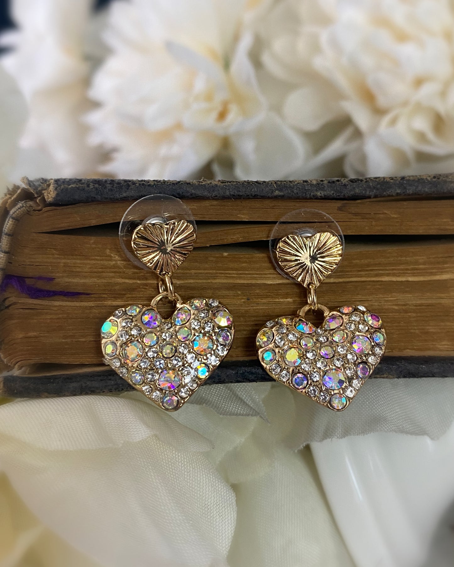Crystal pave heart charms, heart post back earrings, gold metal, jewelry.