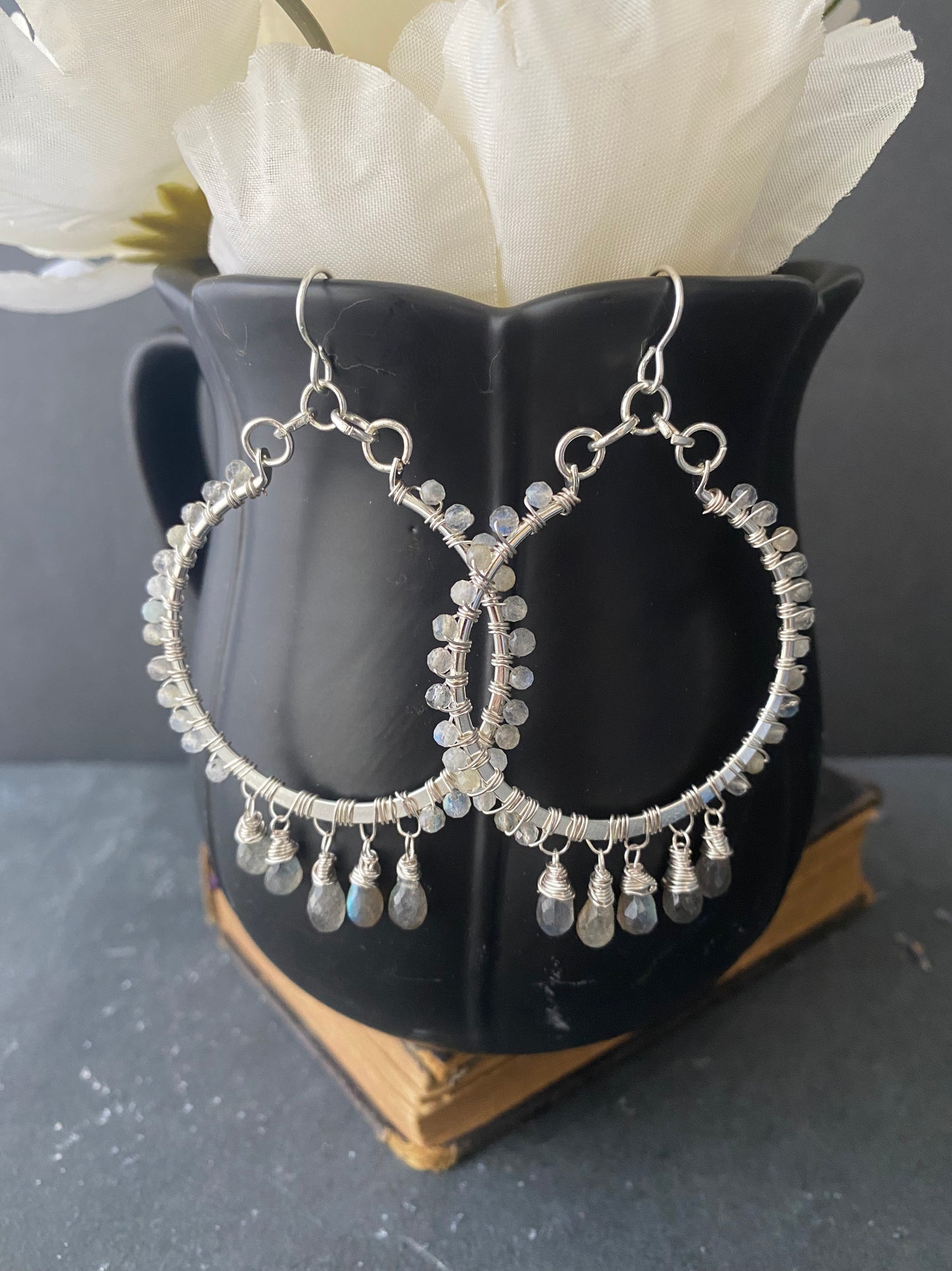Labradorite gemstone silver metal hoop earrings. - Andria Bieber Designs 