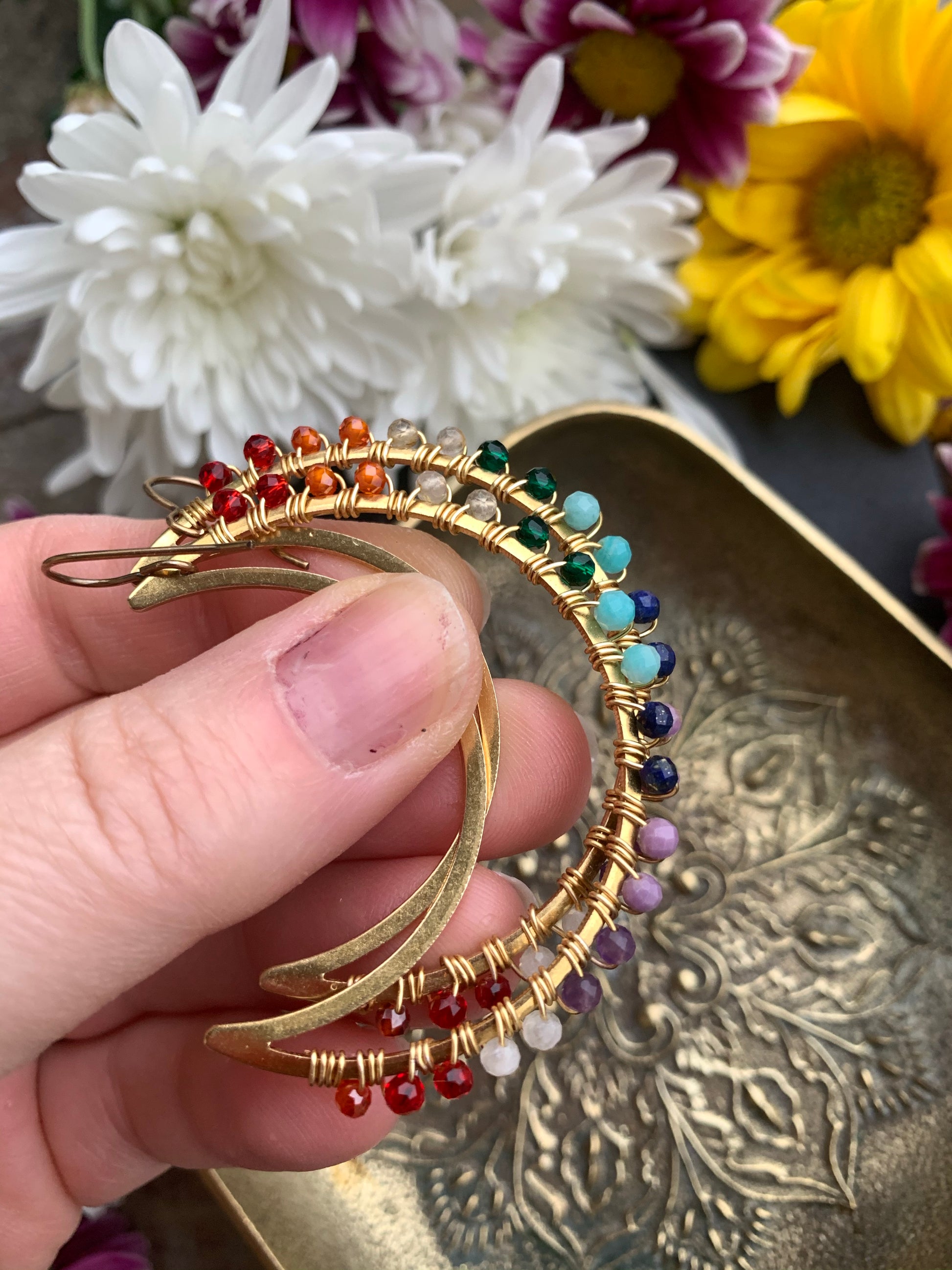 Rainbow gemstone, Moon gold metal hoops, wire wrapped, gemstone, earrings - Andria Bieber Designs 