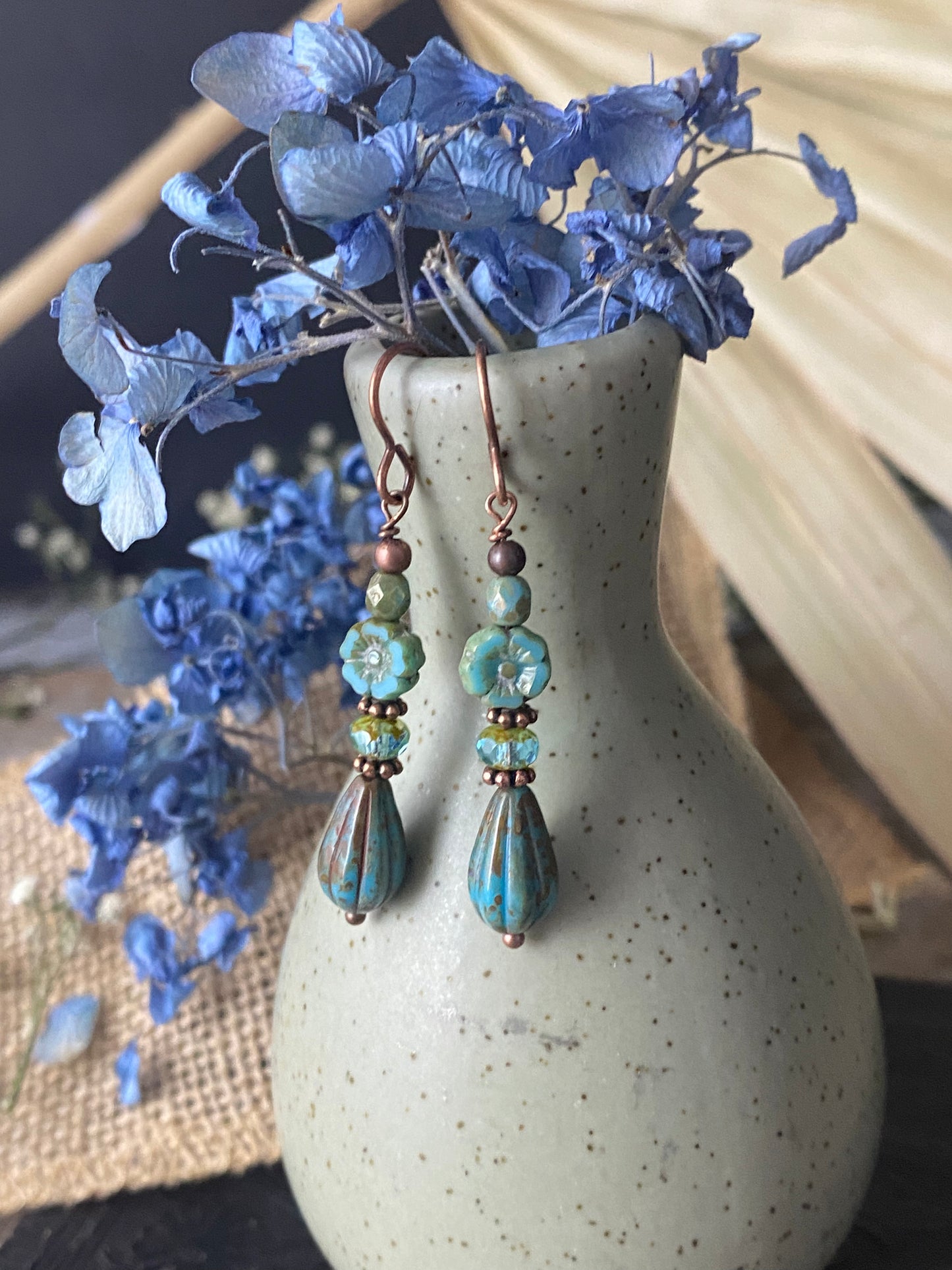 Blue floral Czech glass, copper metal, earrings