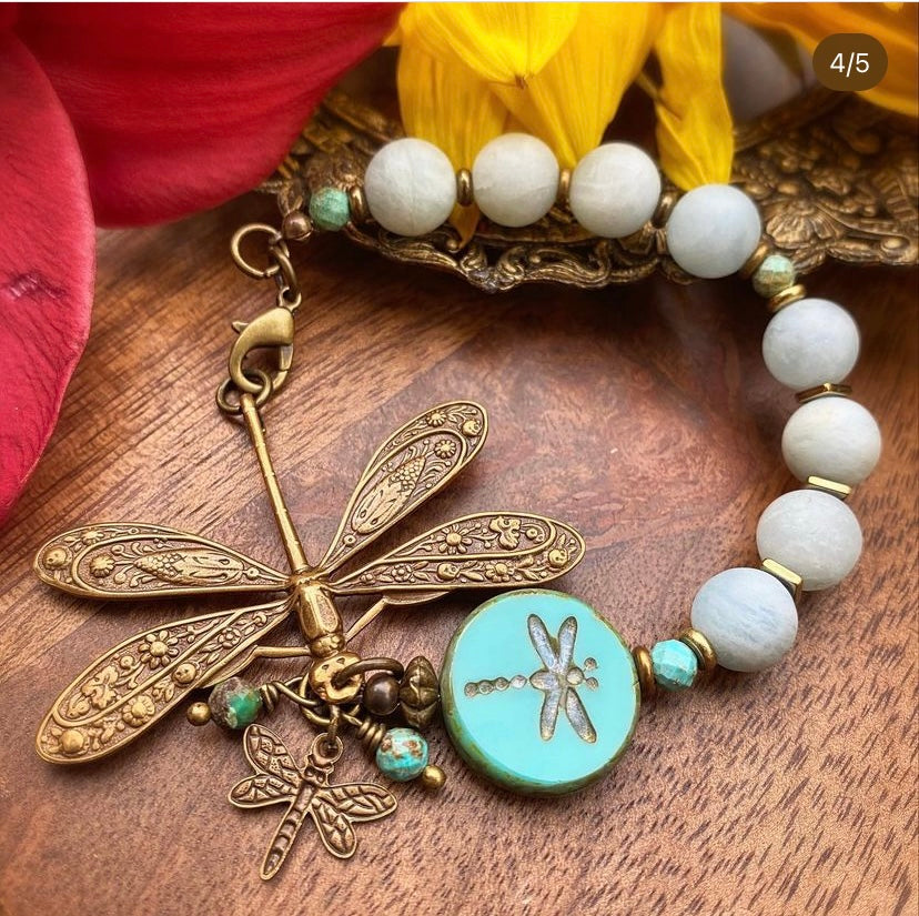 Dragonfly. Aquamarine stone, dragonfly charm, bronze metal bracelet. - Andria Bieber Designs 