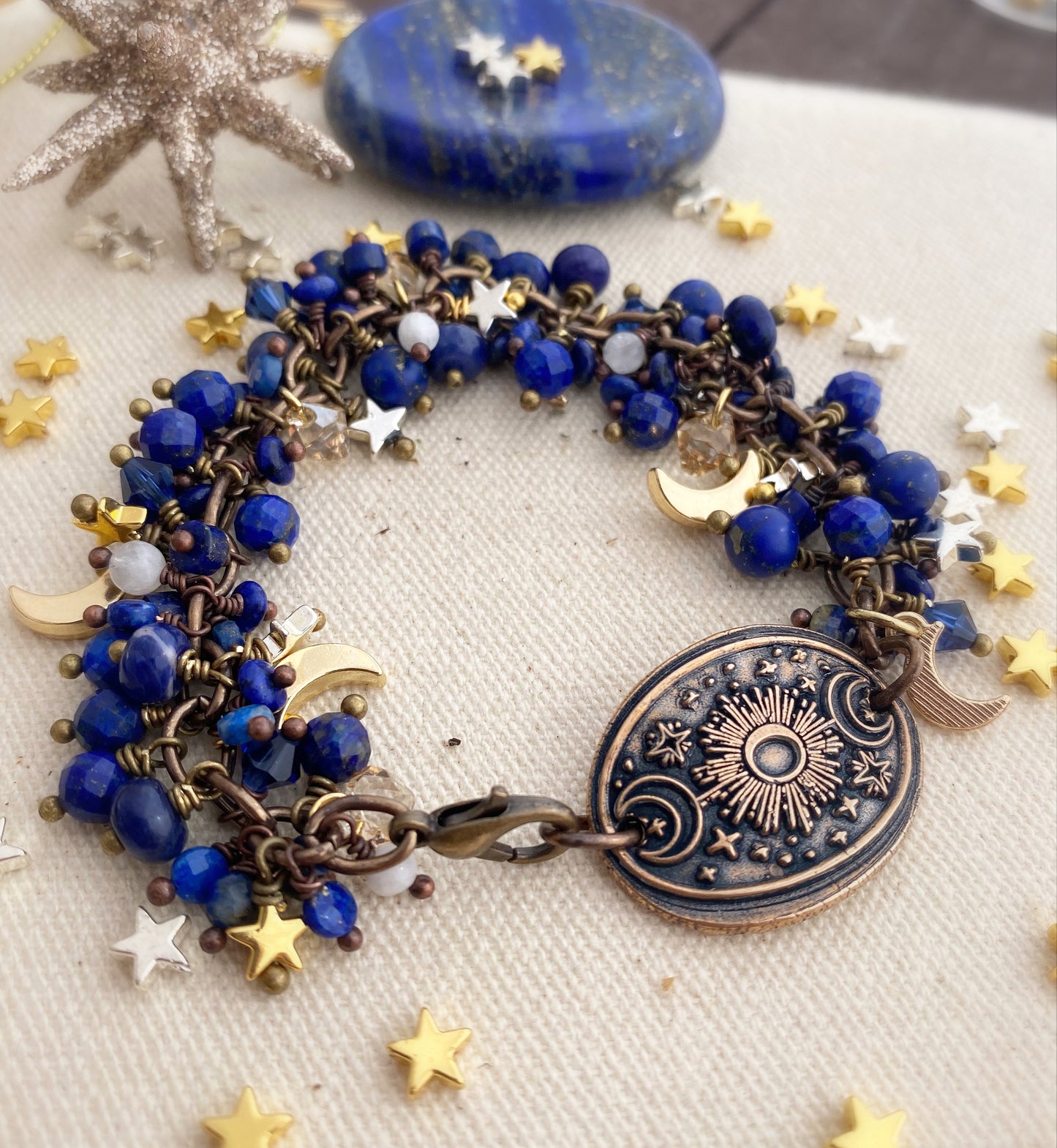 Moon and stars. Handmade bronze metal cuff, lapis lazuli stone, moon, star charms, Swarovski crystals, bracelet , jewelry - Andria Bieber Designs 