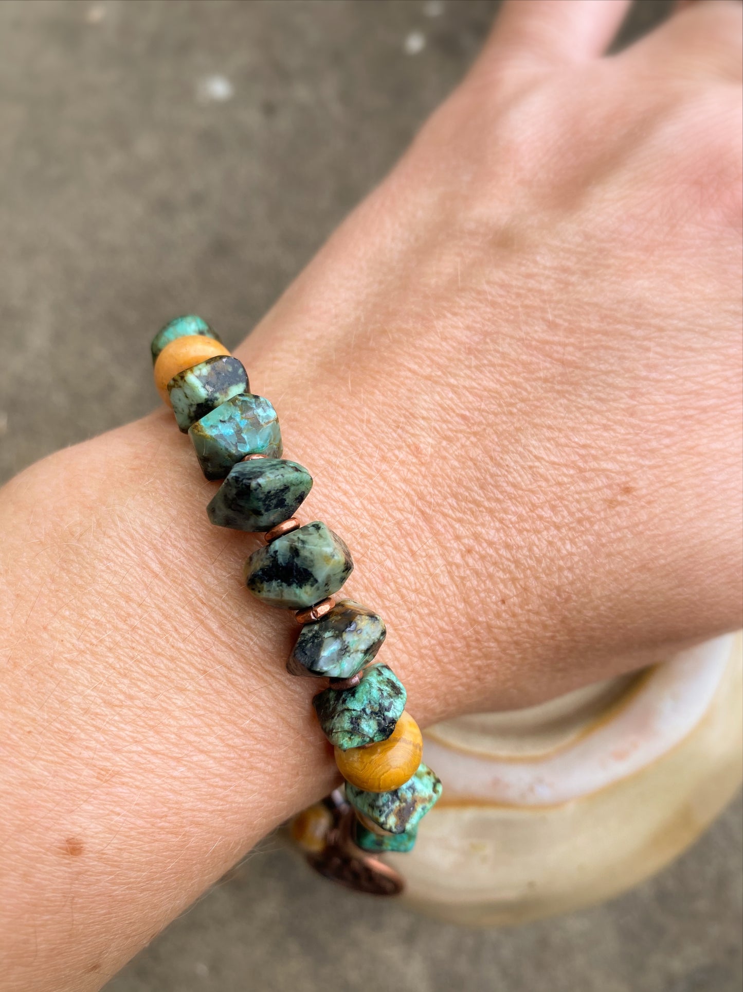 Because turquoise. Green turquoise, Jasper, copper metal bracelet. - Andria Bieber Designs 