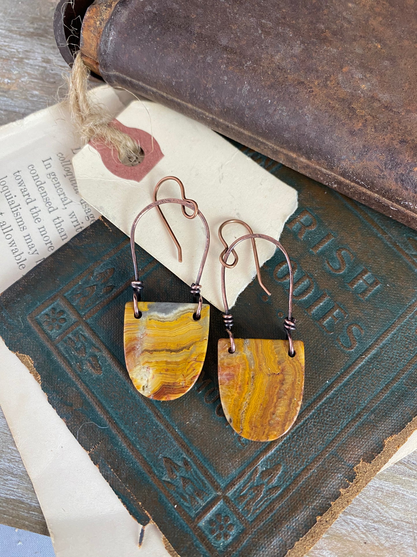 Crazy lace agate stone, copper metal wire wrapped, earrings