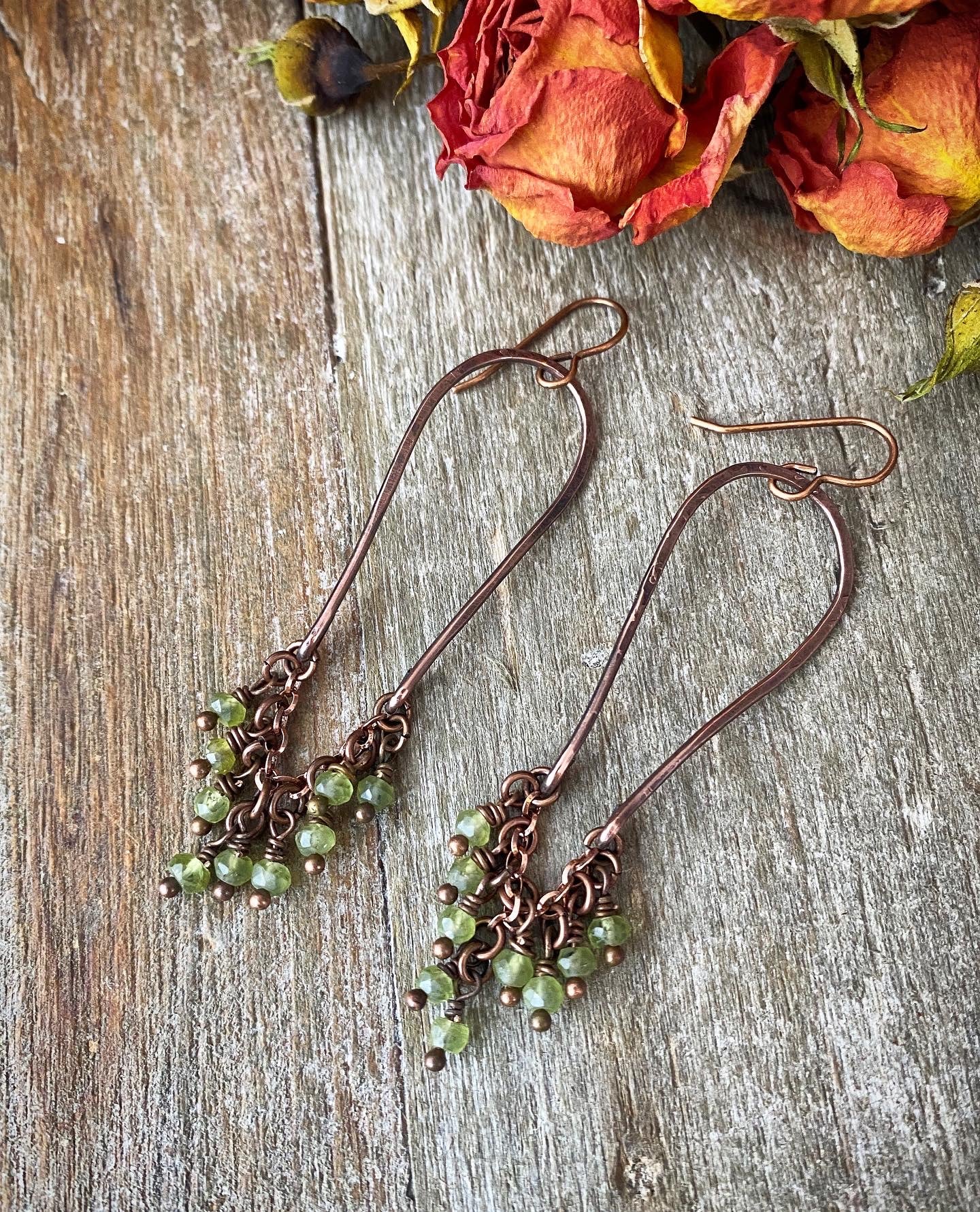 Peridot faceted stone, copper wire wrapped, earrings - Andria Bieber Designs 