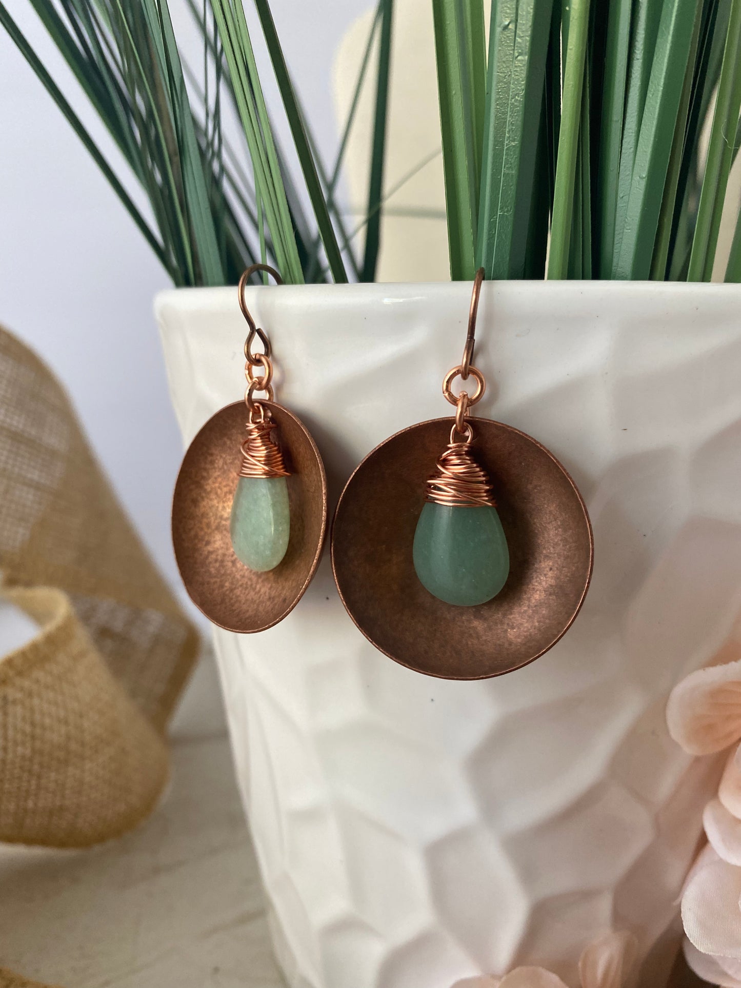 Green aventurine stone and copper metal, earrings - Andria Bieber Designs 