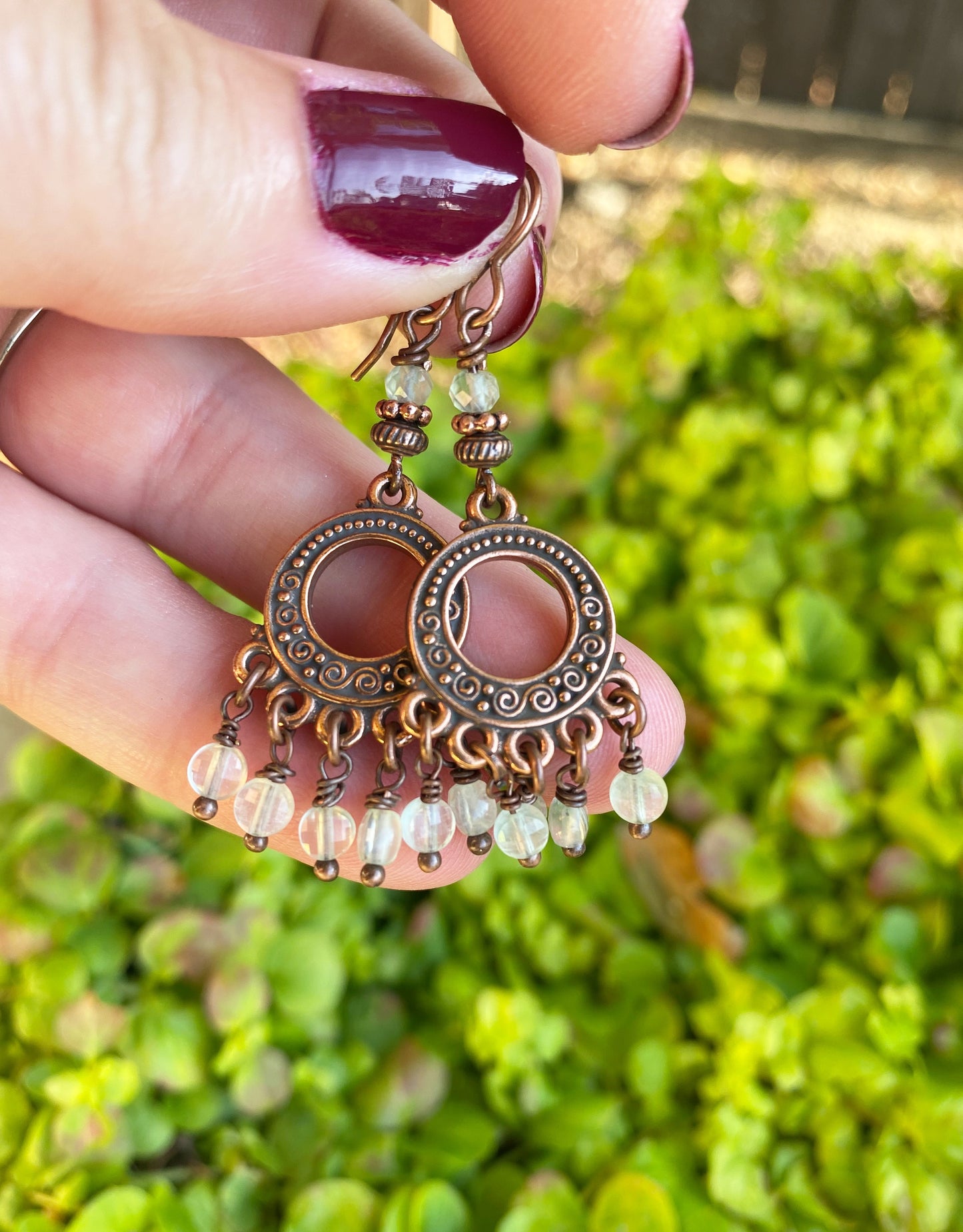 Prehnite stone and copper metal earrings - Andria Bieber Designs 