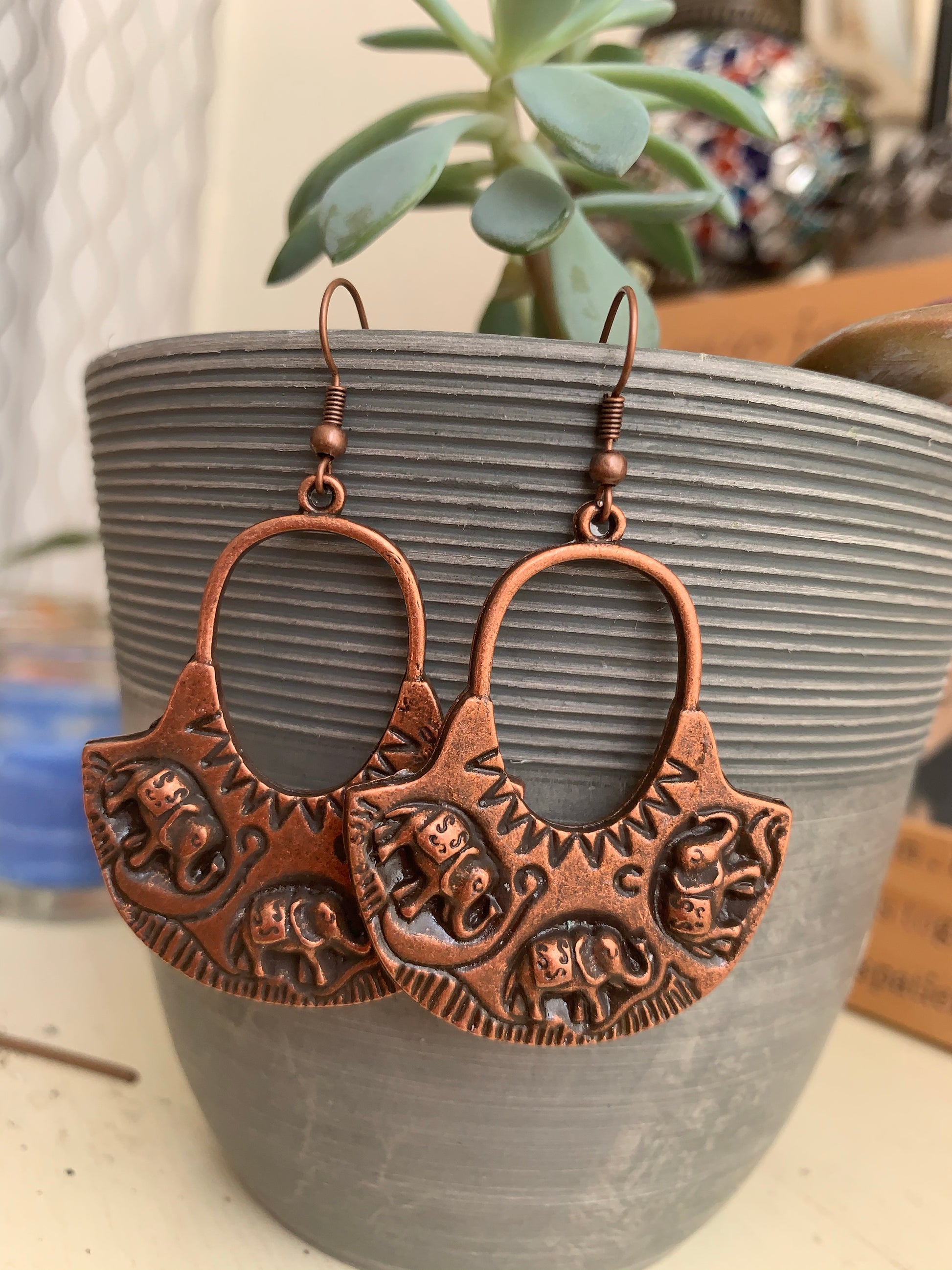 Elephant hoops, copper metal earrings - Andria Bieber Designs 