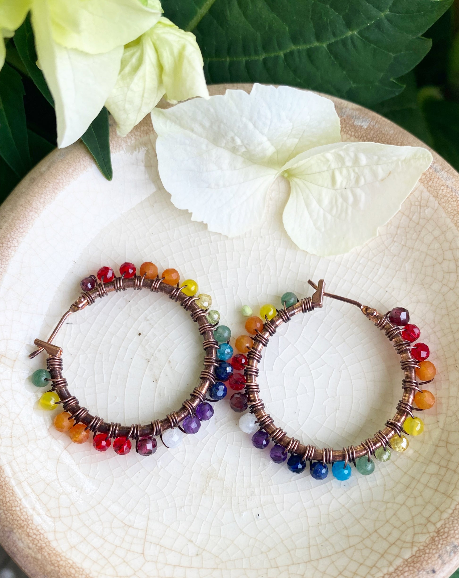 Rainbow gemstone, copper metal hoops, wire wrapped, earrings - Andria Bieber Designs 