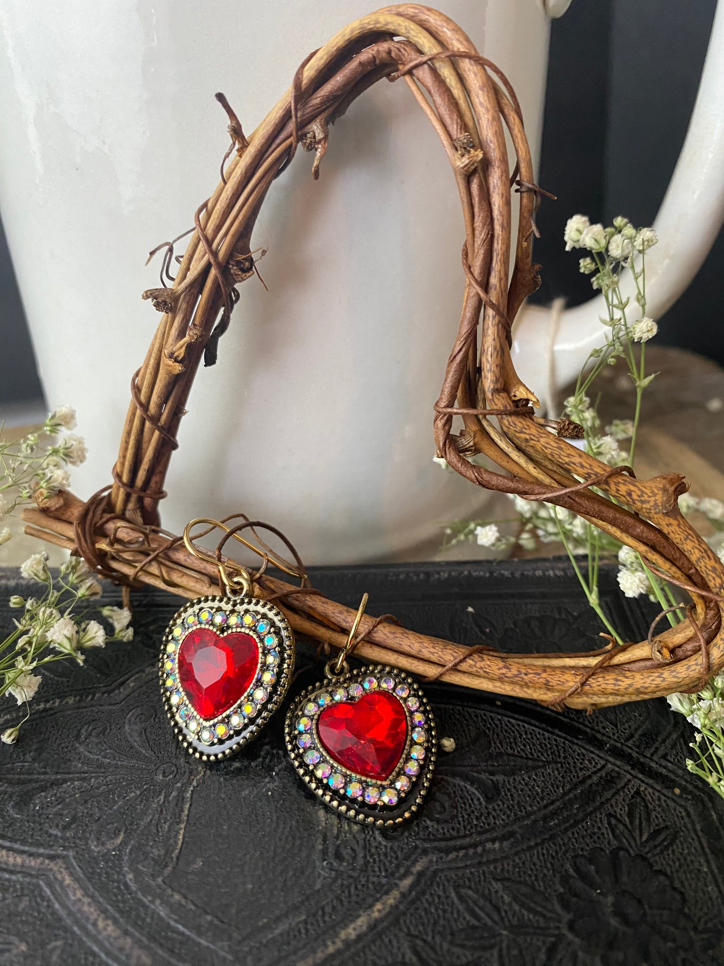 Red heart crystals, valentine’s Day, bronze metal, earrings - Andria Bieber Designs 