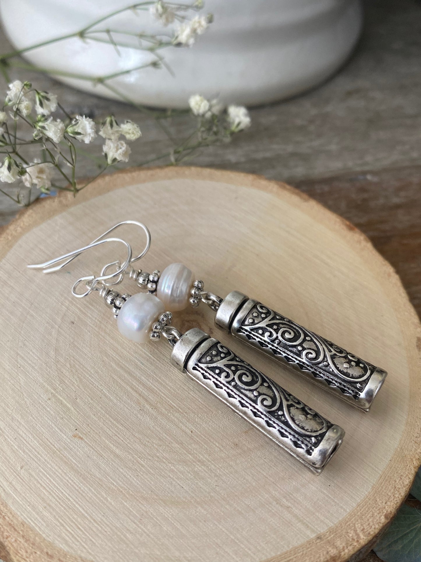 Pearls and silver drop earrings, jewelry - Andria Bieber Designs 