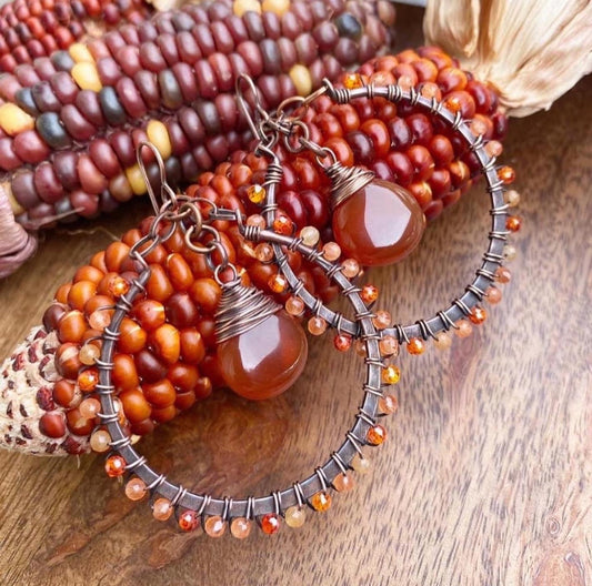 Orange leaves. Carnelian agate stone, copper metal, wire wrapped, earrings - Andria Bieber Designs 