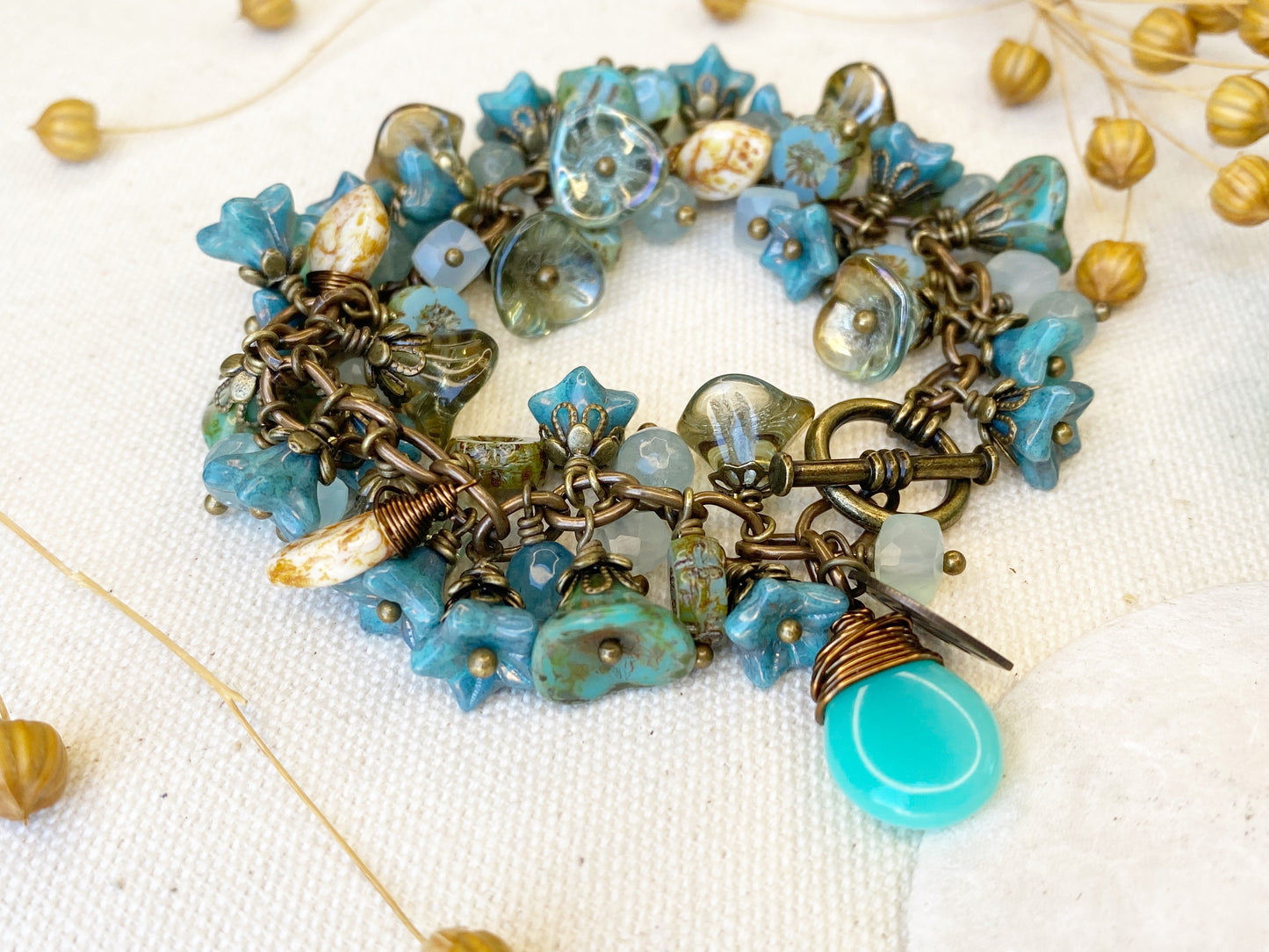 MTO. Teal petals. Mixed gemstone, Czech glass, bronze metal bracelet. - Andria Bieber Designs 