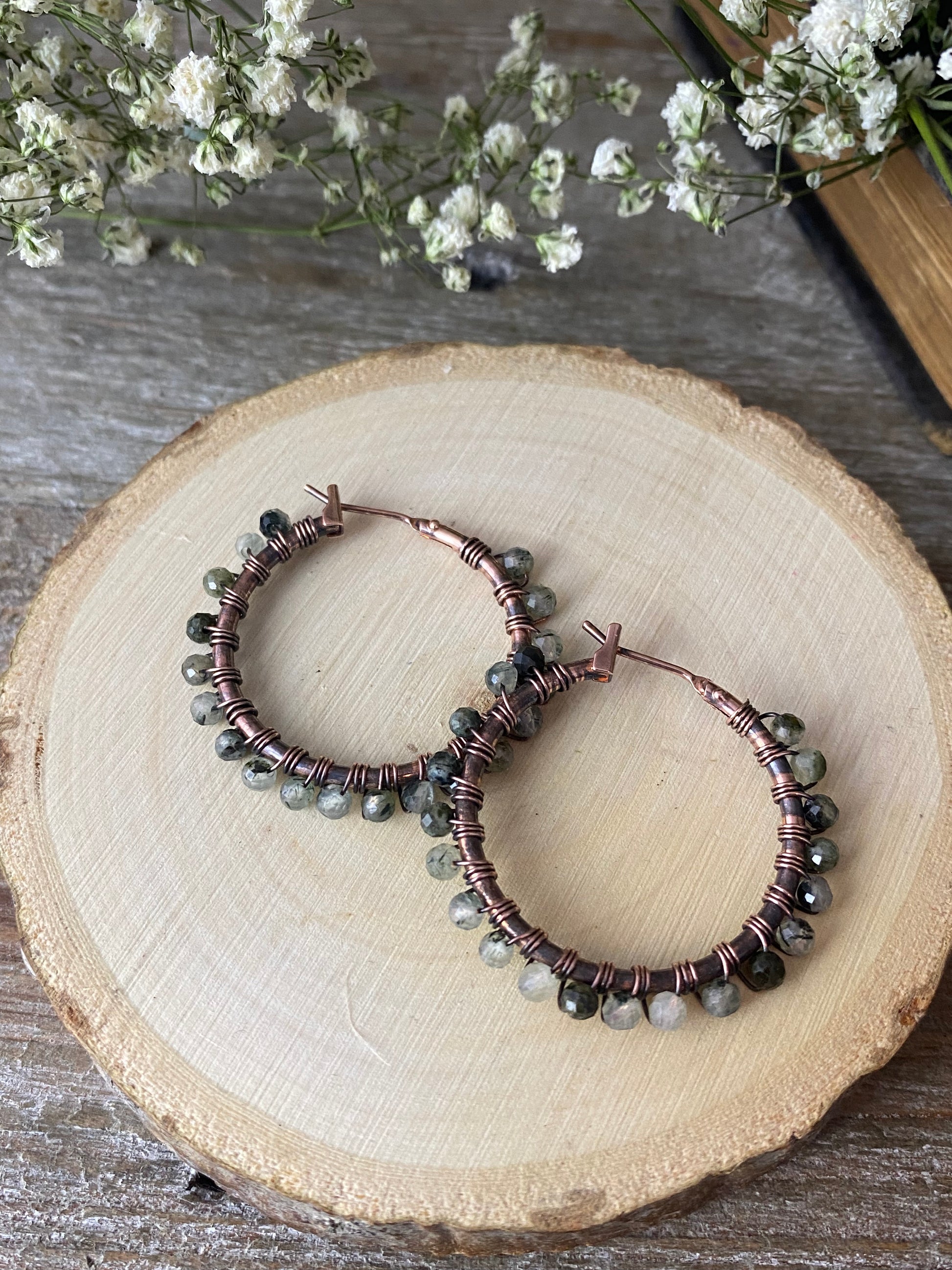 Prehnite green stone, copper metal hoops, wire wrapped, earrings - Andria Bieber Designs 