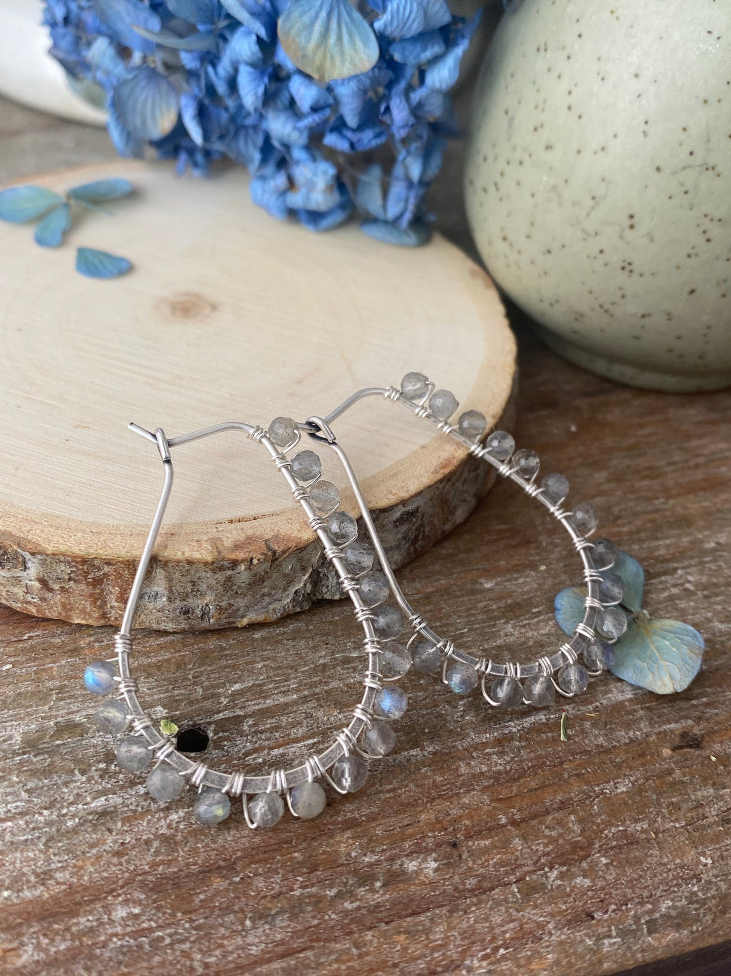 Labradorite stone, wire wrapped silver hoop earrings, jewelry - Andria Bieber Designs 