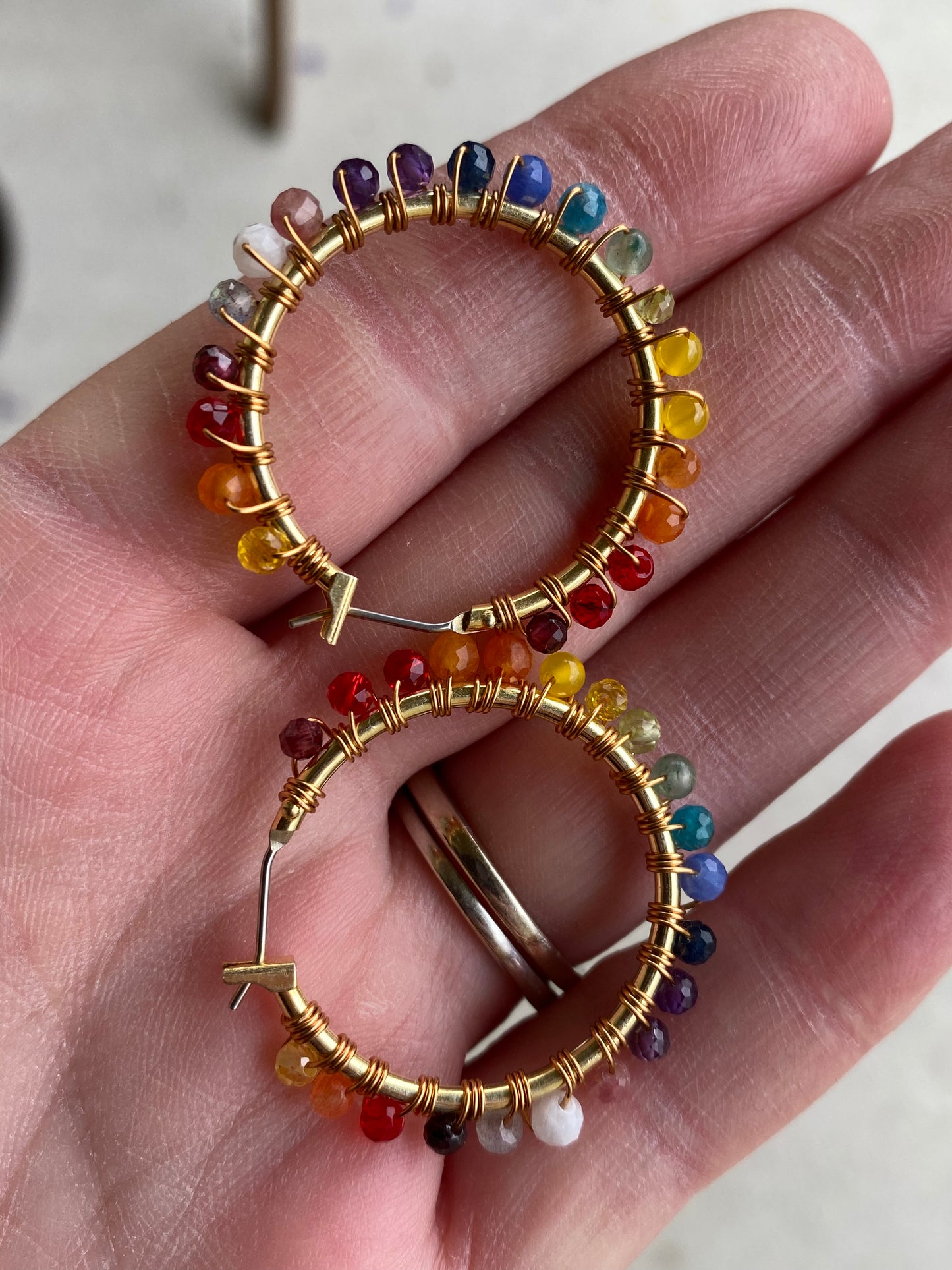 Rainbow gemstone, gold metal hoops, wire wrapped, earrings - Andria Bieber Designs 