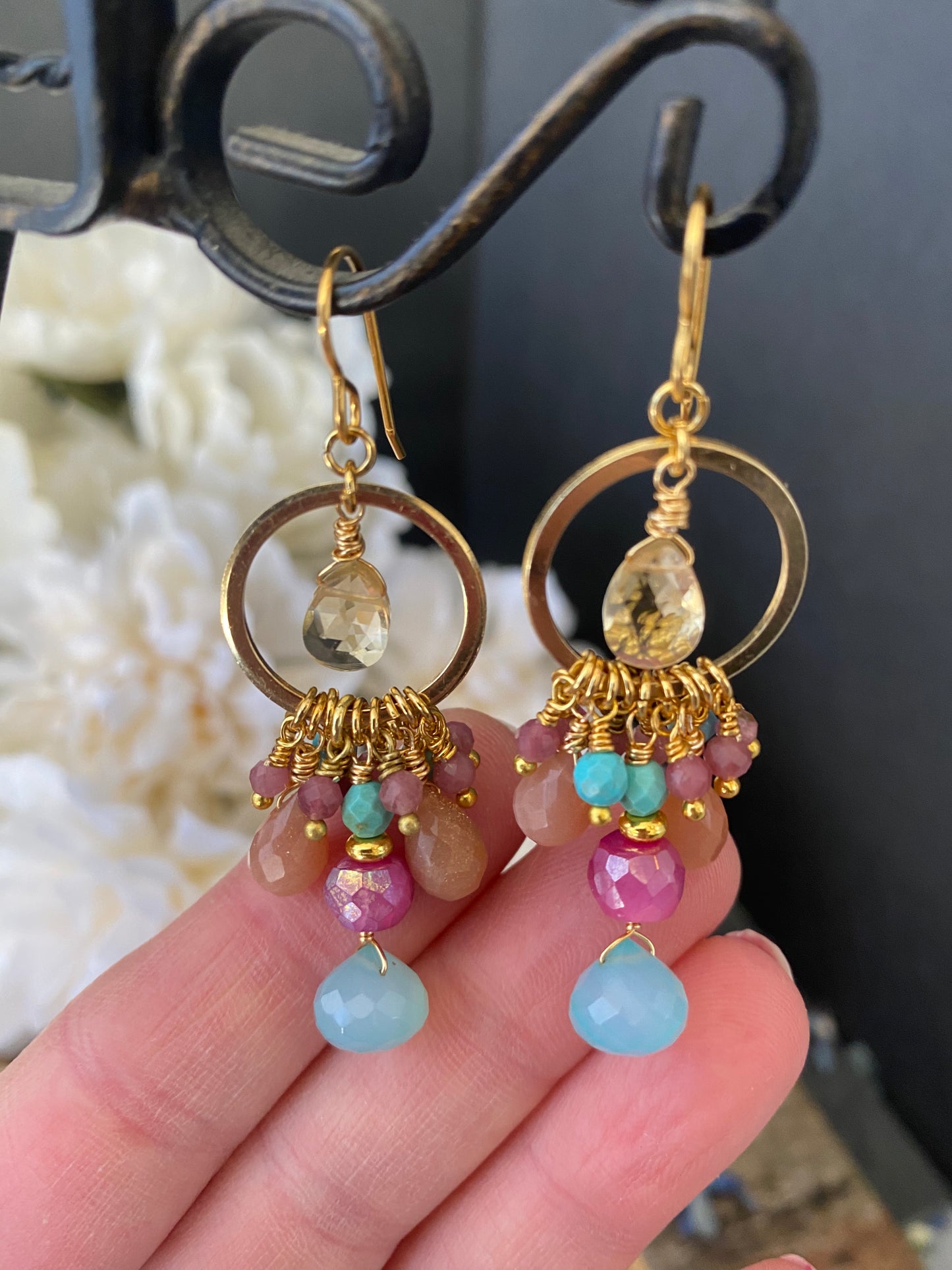 Pink, peach, blue mixed gemstones, gold metal earrings