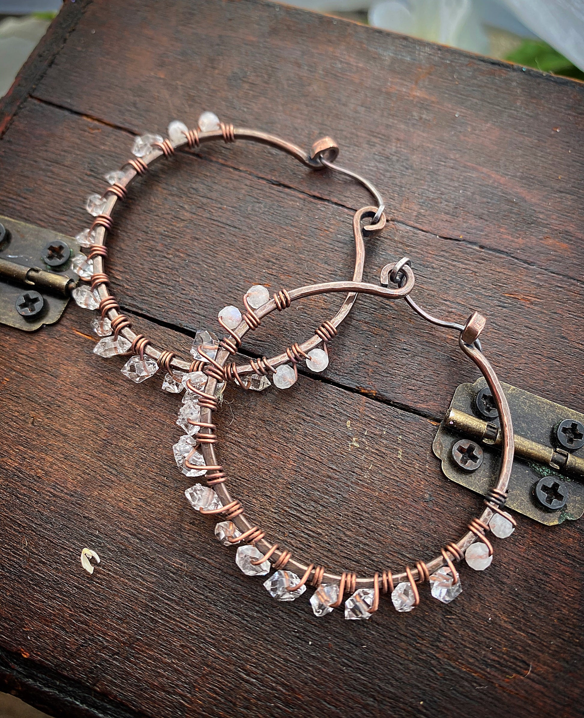 Herkimer diamonds, moonstone, copper metal hoops, wire wrapped, earrings - Andria Bieber Designs 