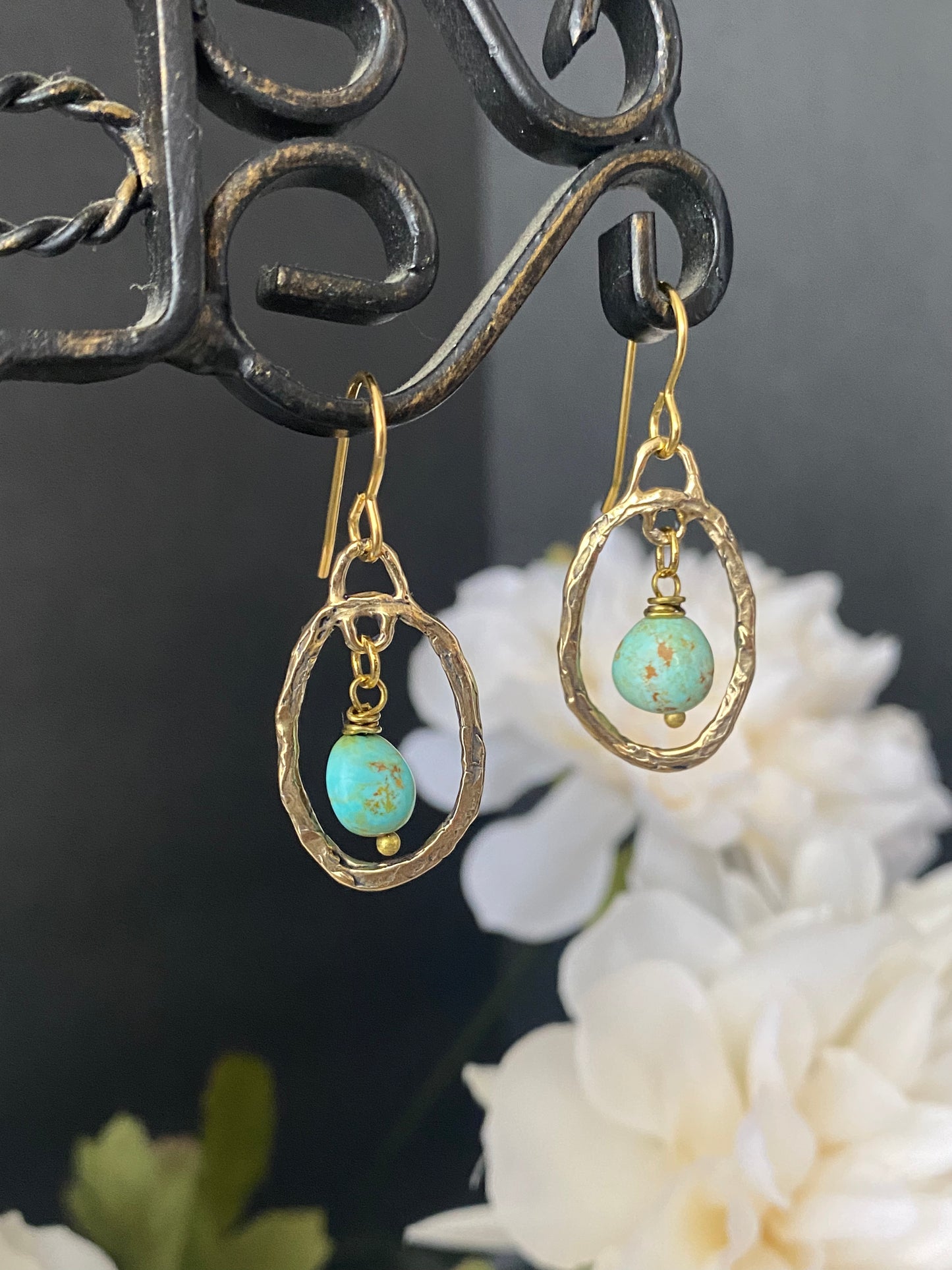 Bronze handmade charms with Kingman turquoise, brass metal, earrings - Andria Bieber Designs 