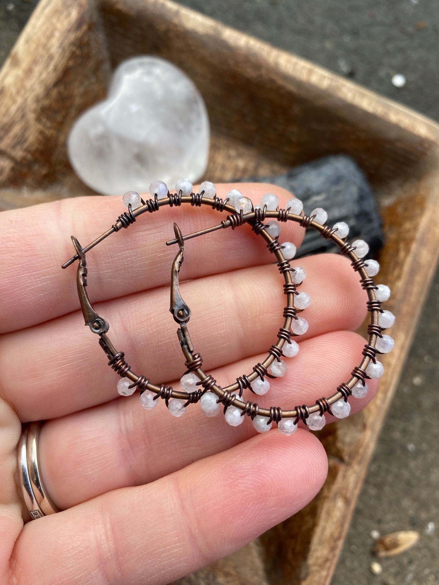 Moonstone gemstone, copper metal hoops, wire wrapped, earrings - Andria Bieber Designs 