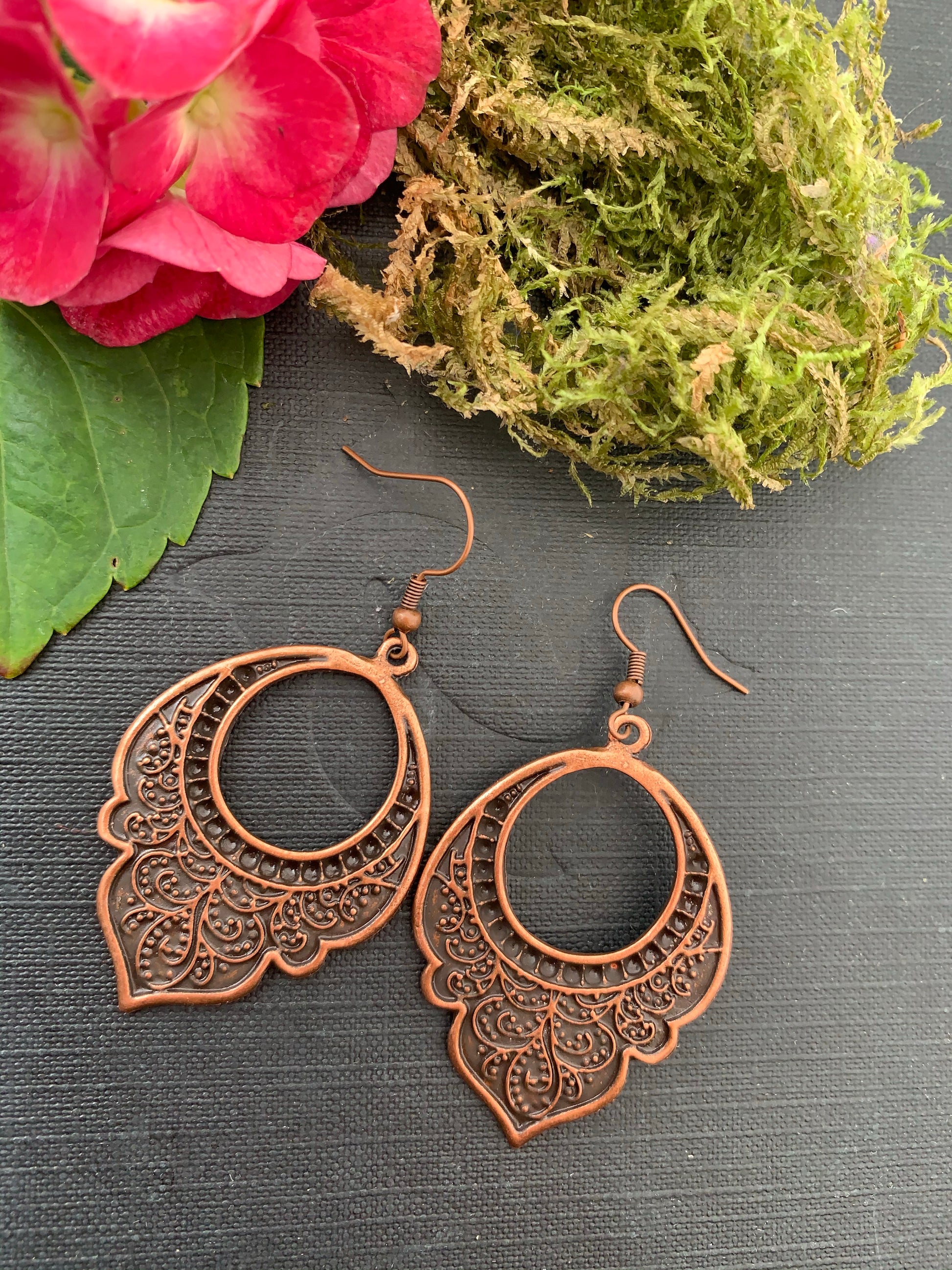 Flower Arabian drops, copper metal, earrings, jewelry. - Andria Bieber Designs 